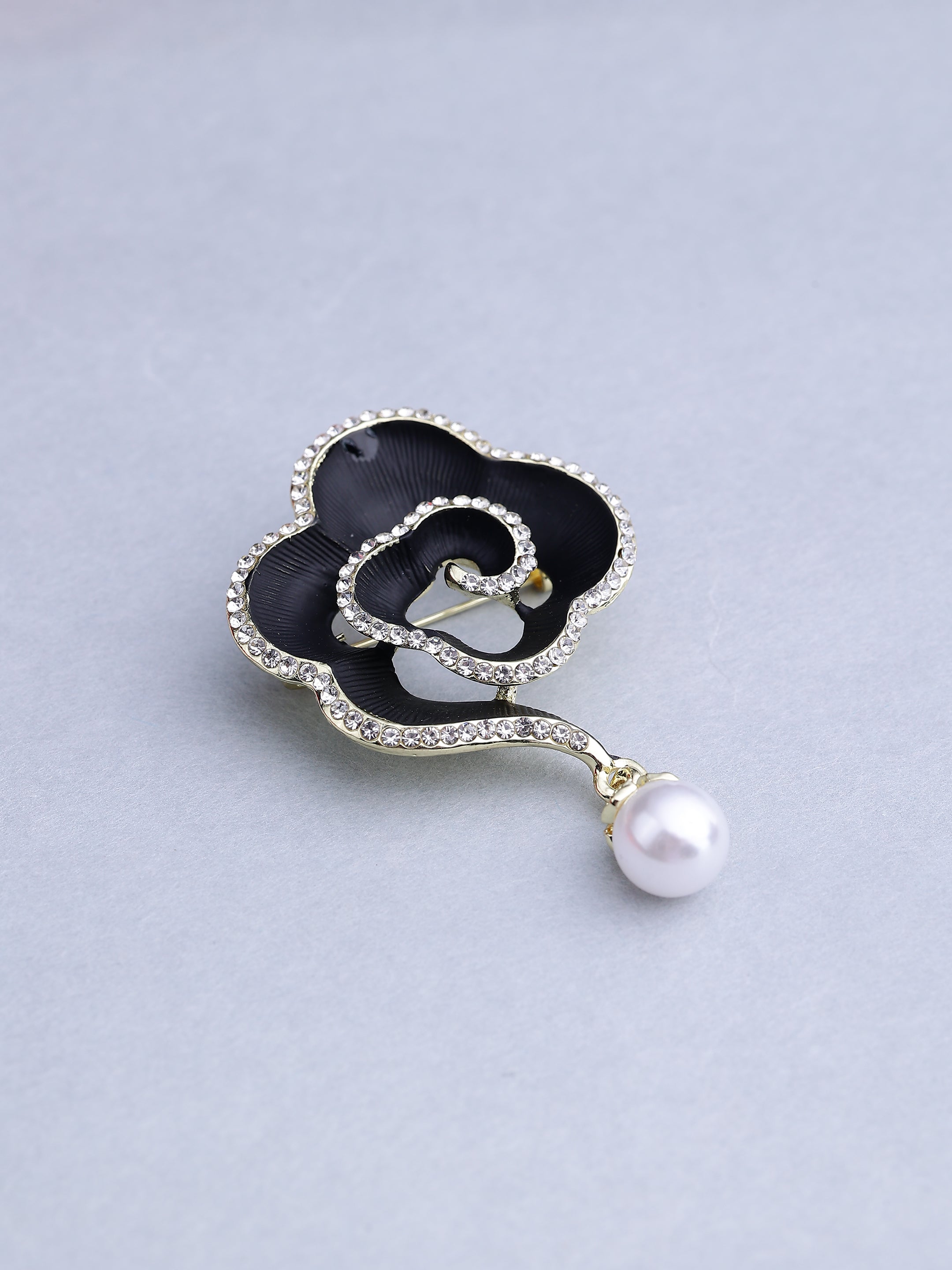 Elegant Gold Black Rose Pearl Brooch