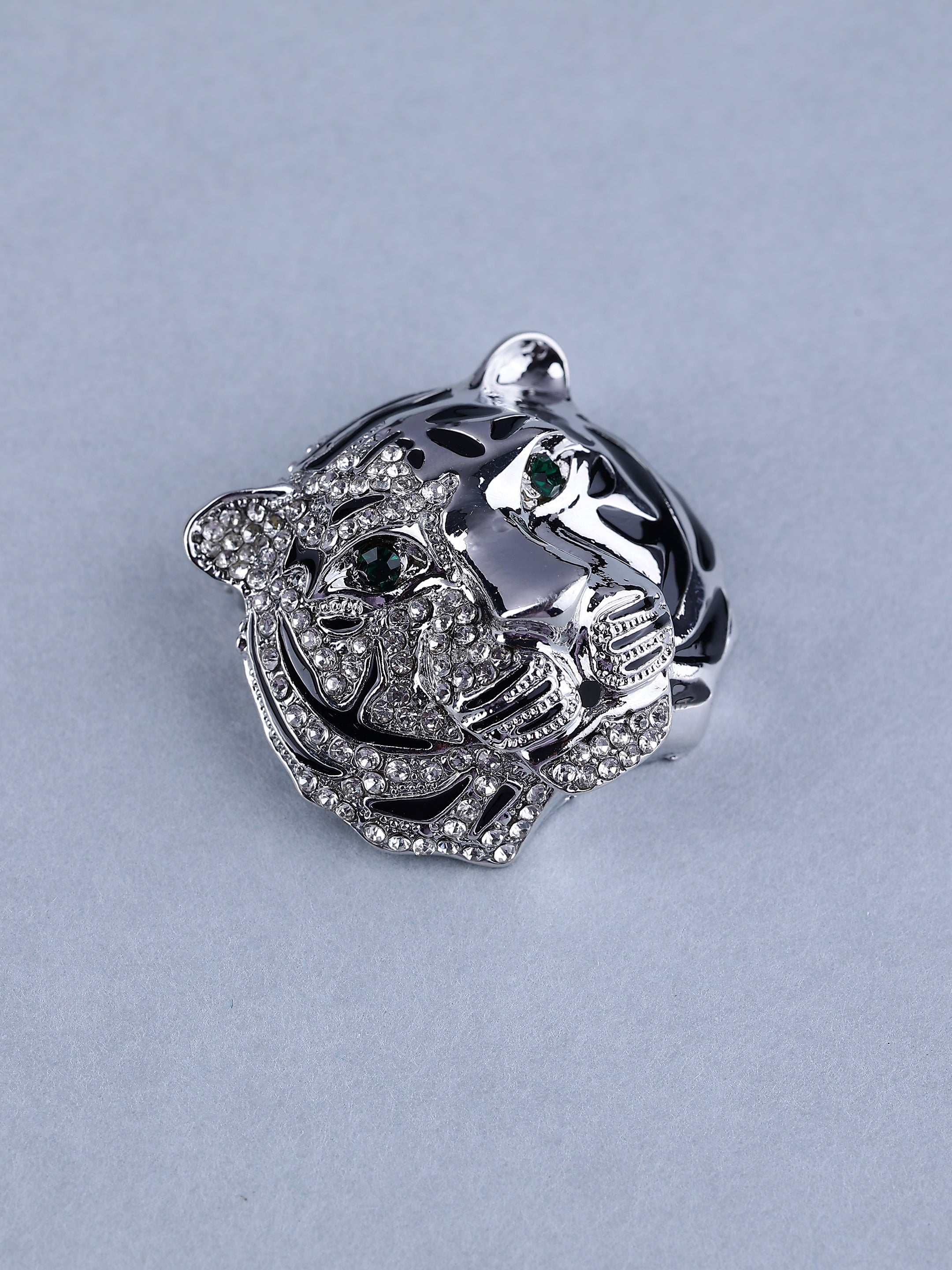Majestic Silver Tiger Head Crystal Brooch