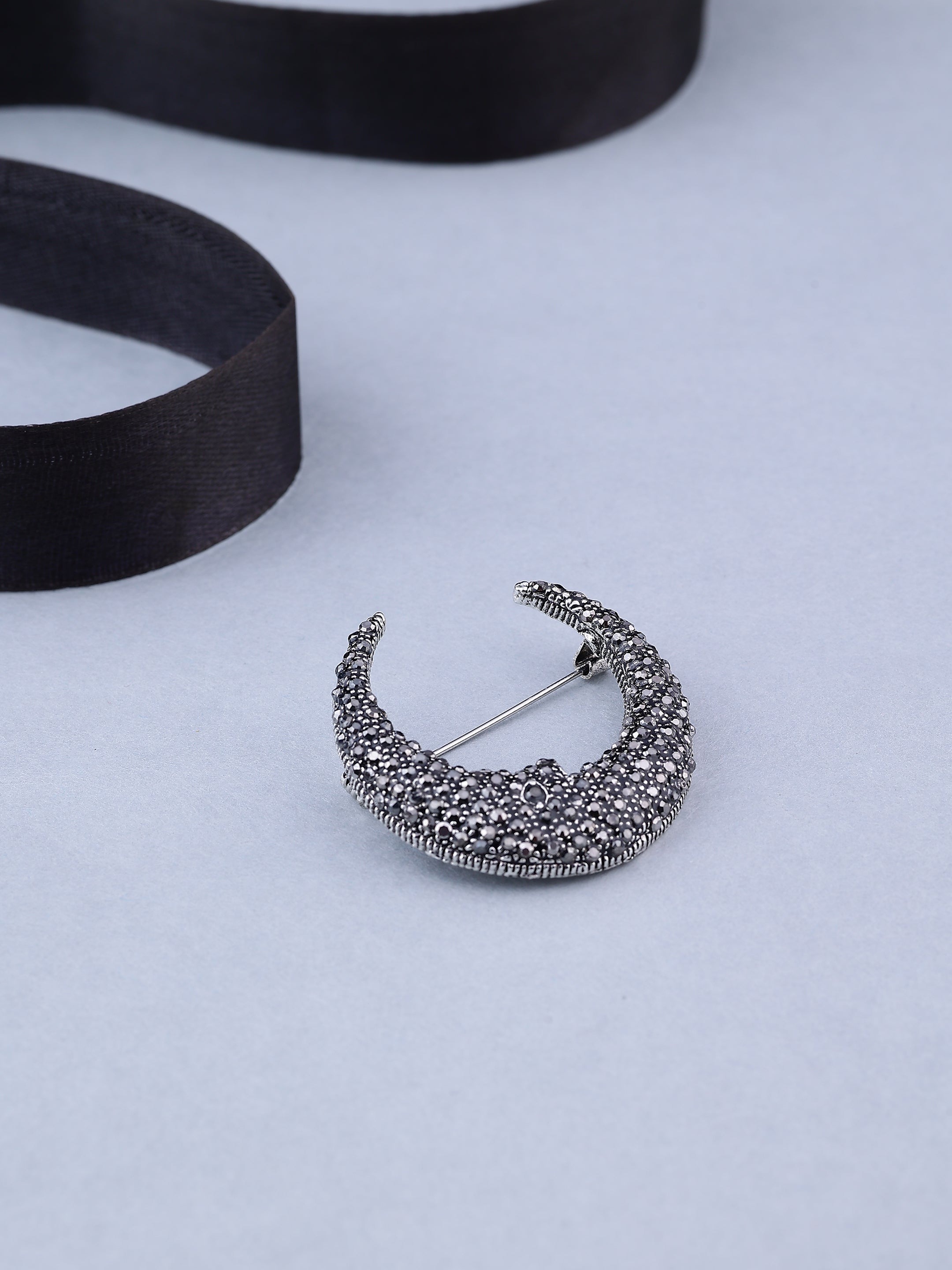 Silver Crystal Crescent Moon Brooch