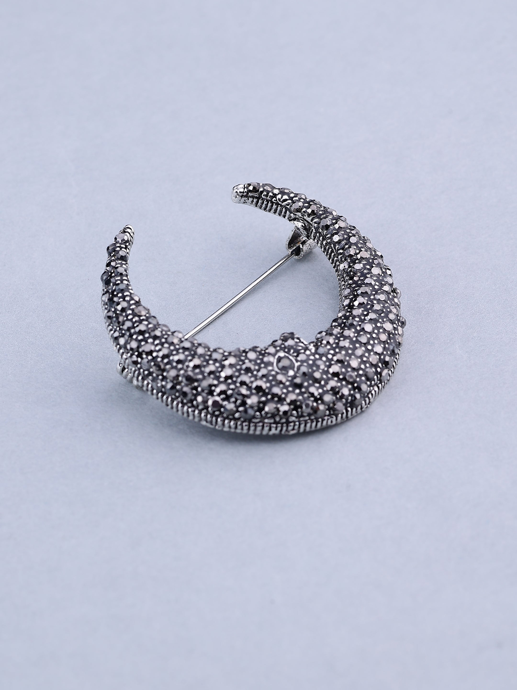 Silver Crystal Crescent Moon Brooch
