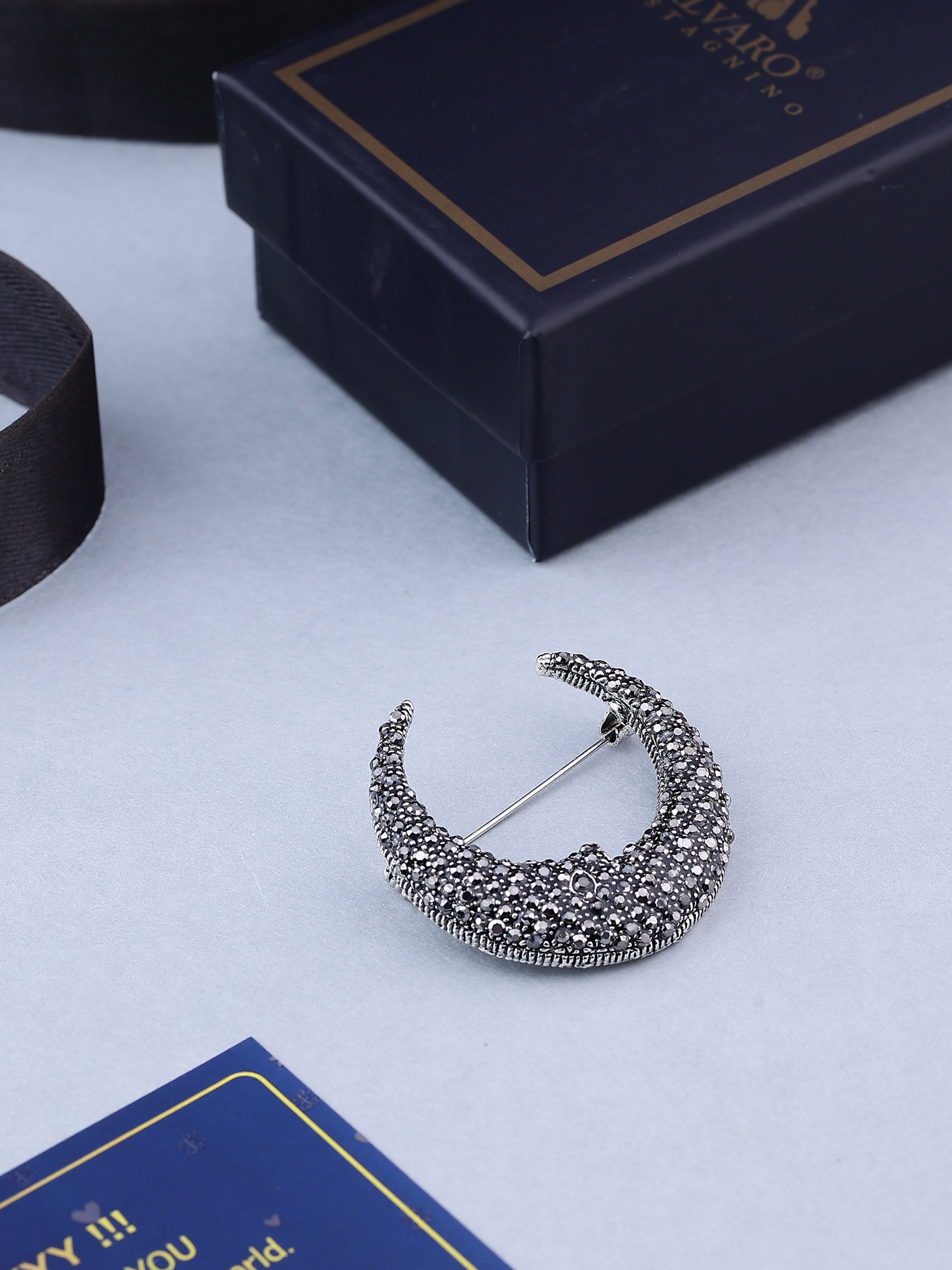 Silver Crystal Crescent Moon Brooch