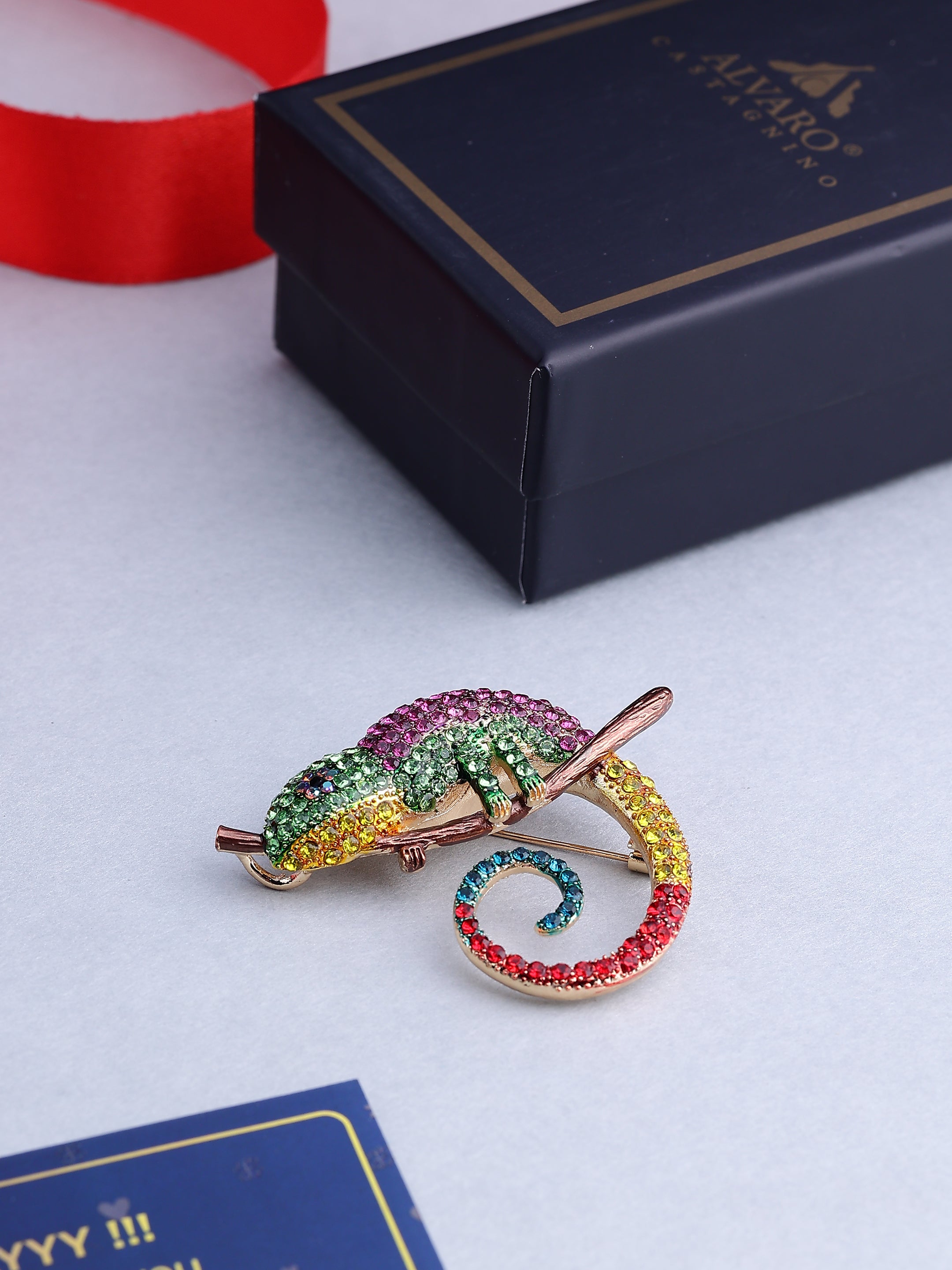 Colorful Crystal Chameleon Brooch