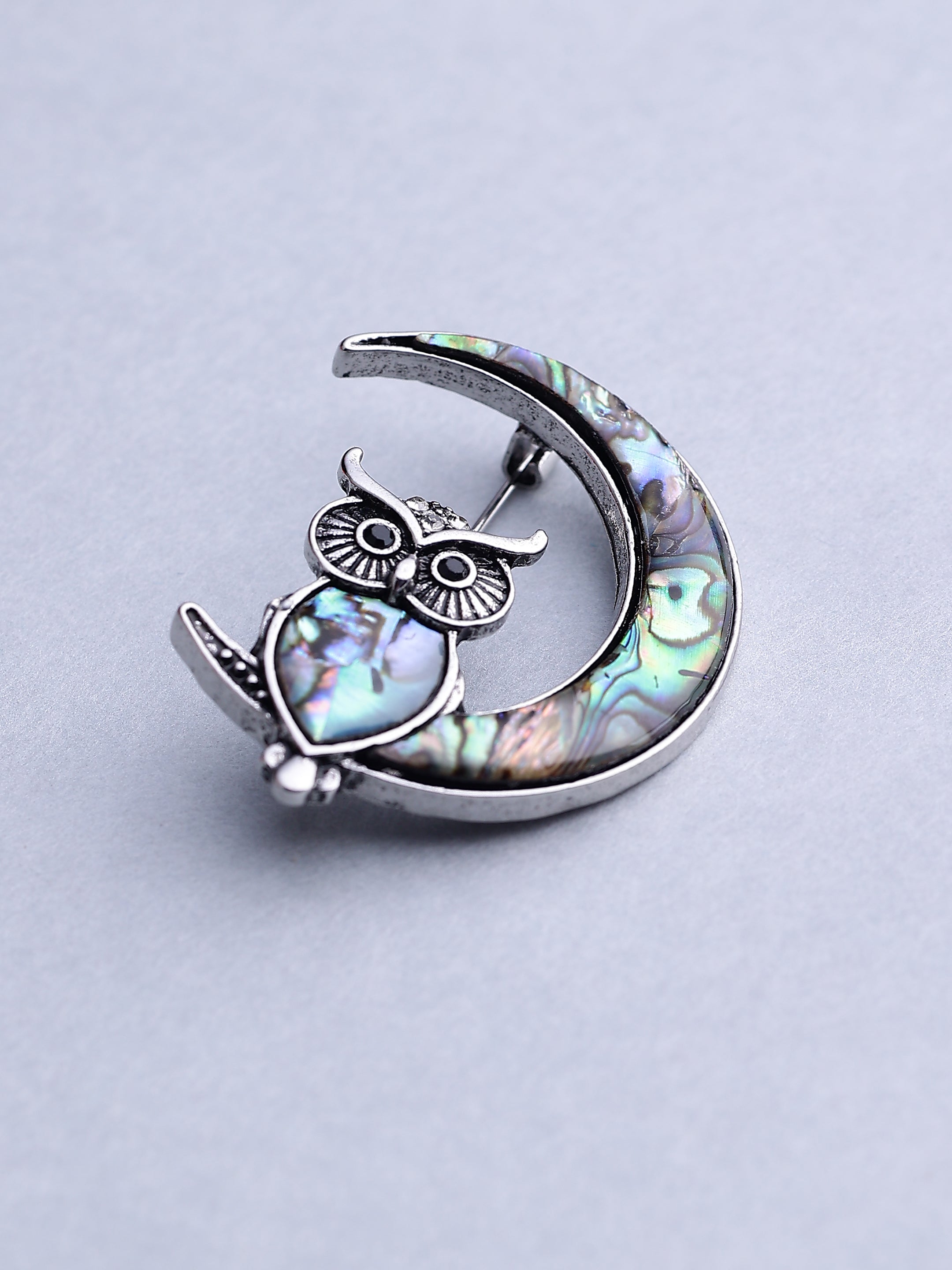 Abalone Shell Owl and Crescent Moon Brooch