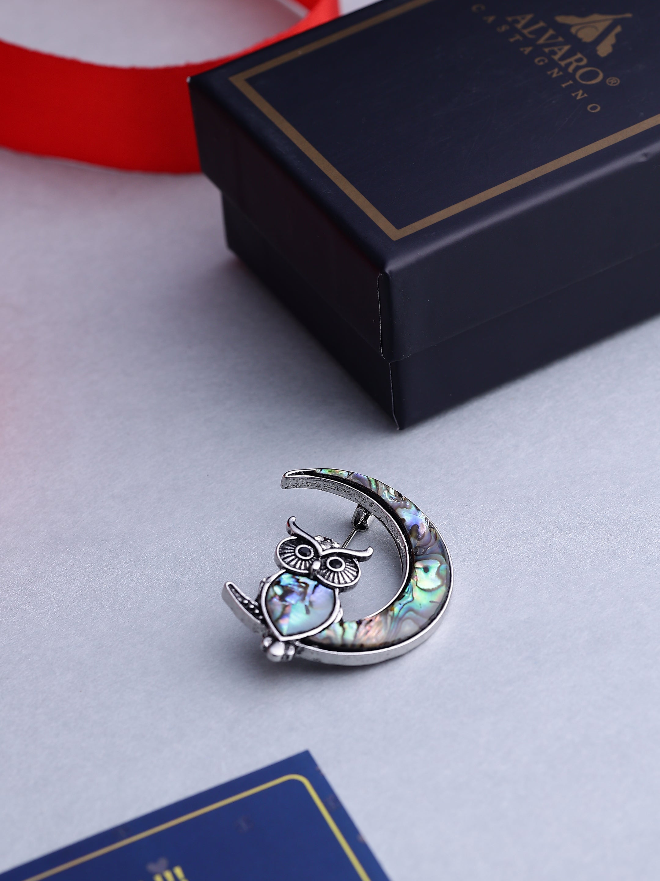 Abalone Shell Owl and Crescent Moon Brooch