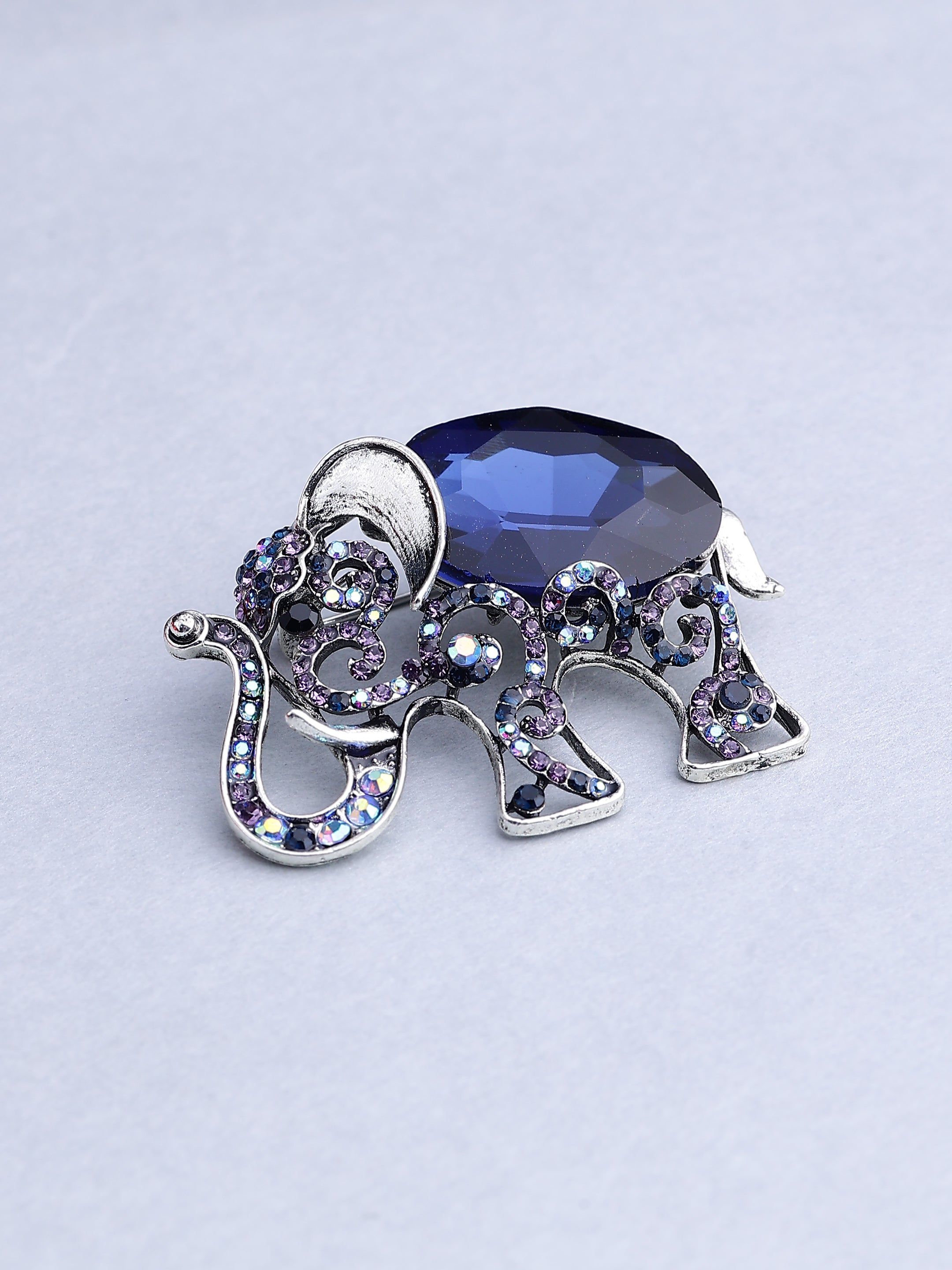 Majestic Blue Crystal Elephant Brooch