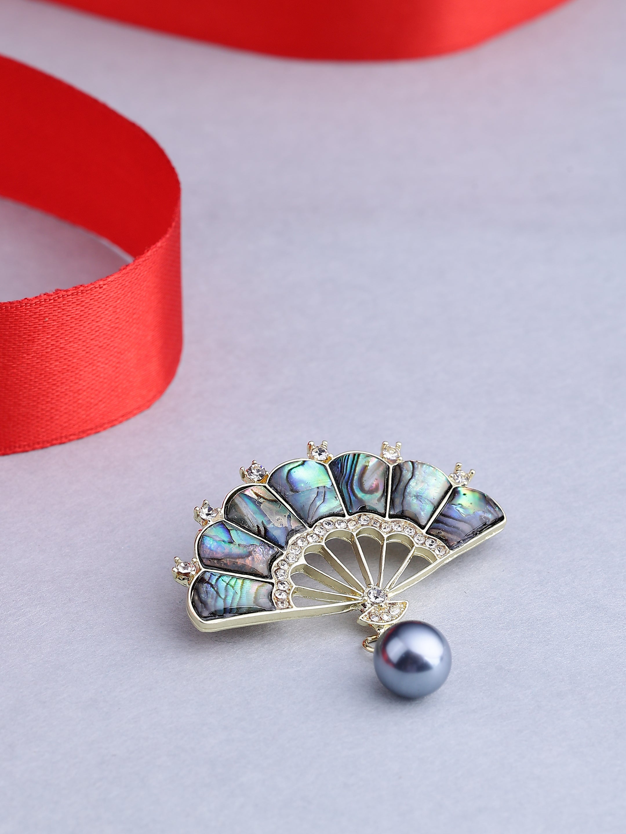 Abalone Shell and Pearl Folding Fan Brooch