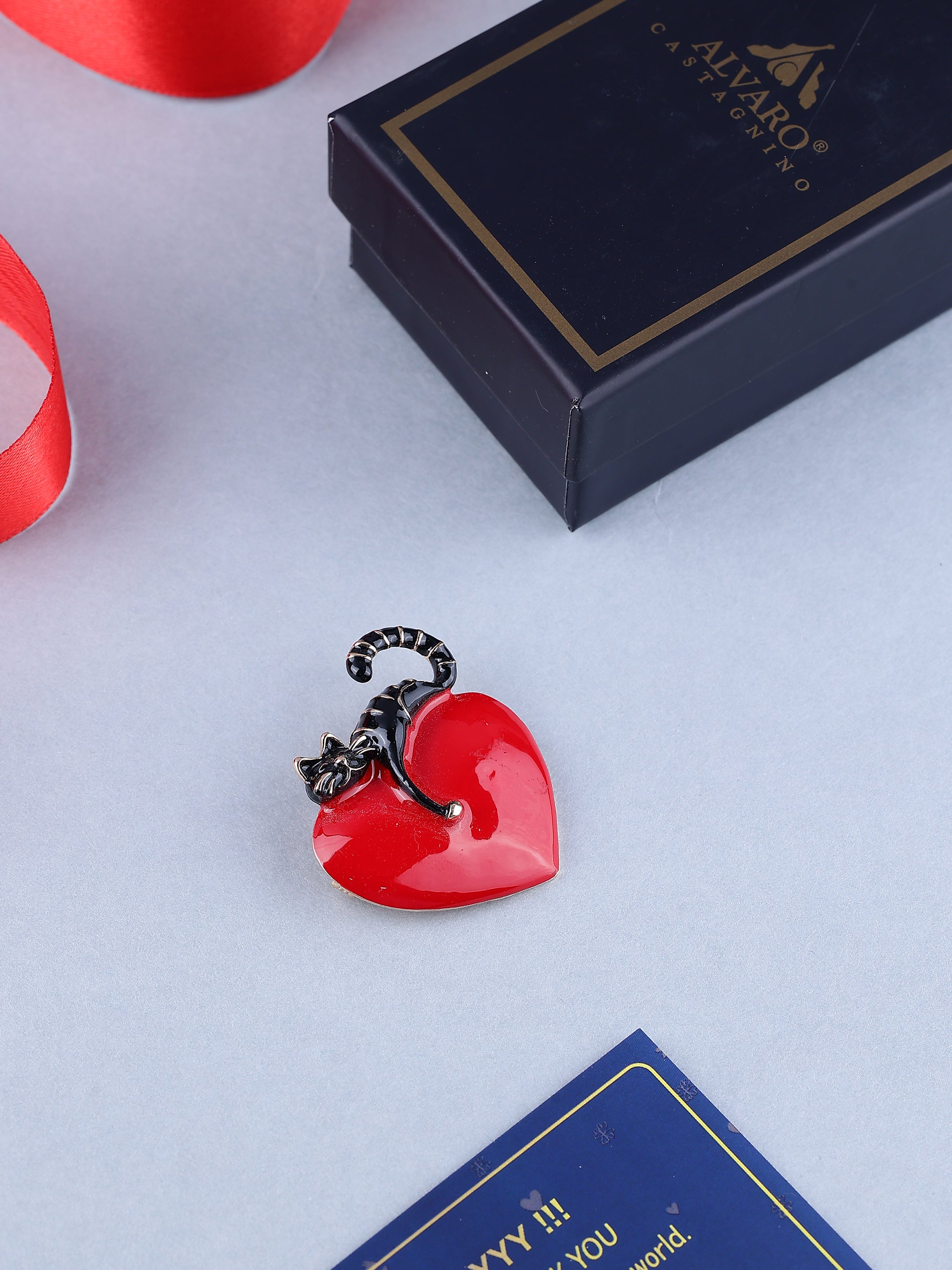Charming Cat on a Heart Enamel Brooch