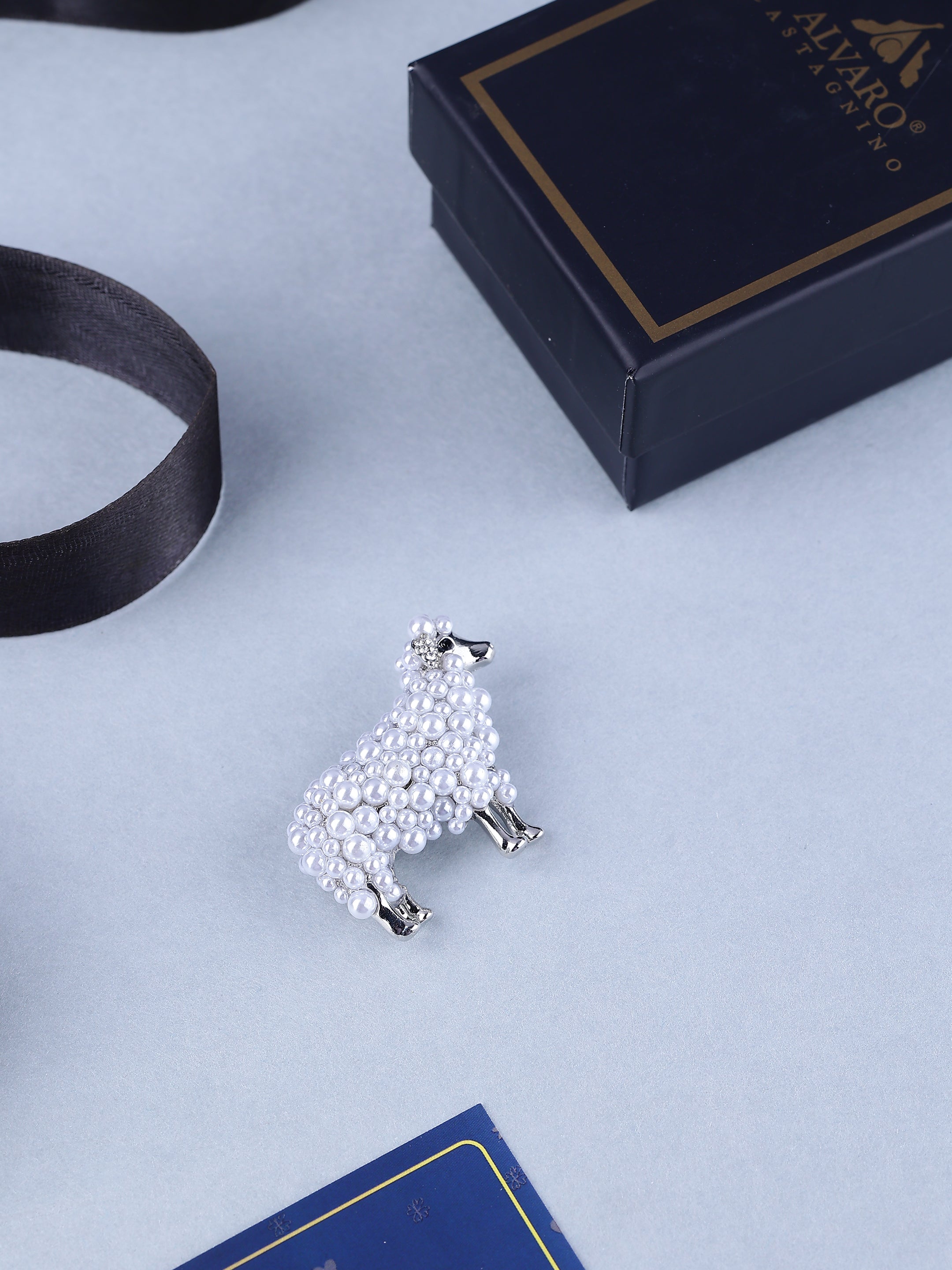 Silver-Toned Pearl Sheep Brooch