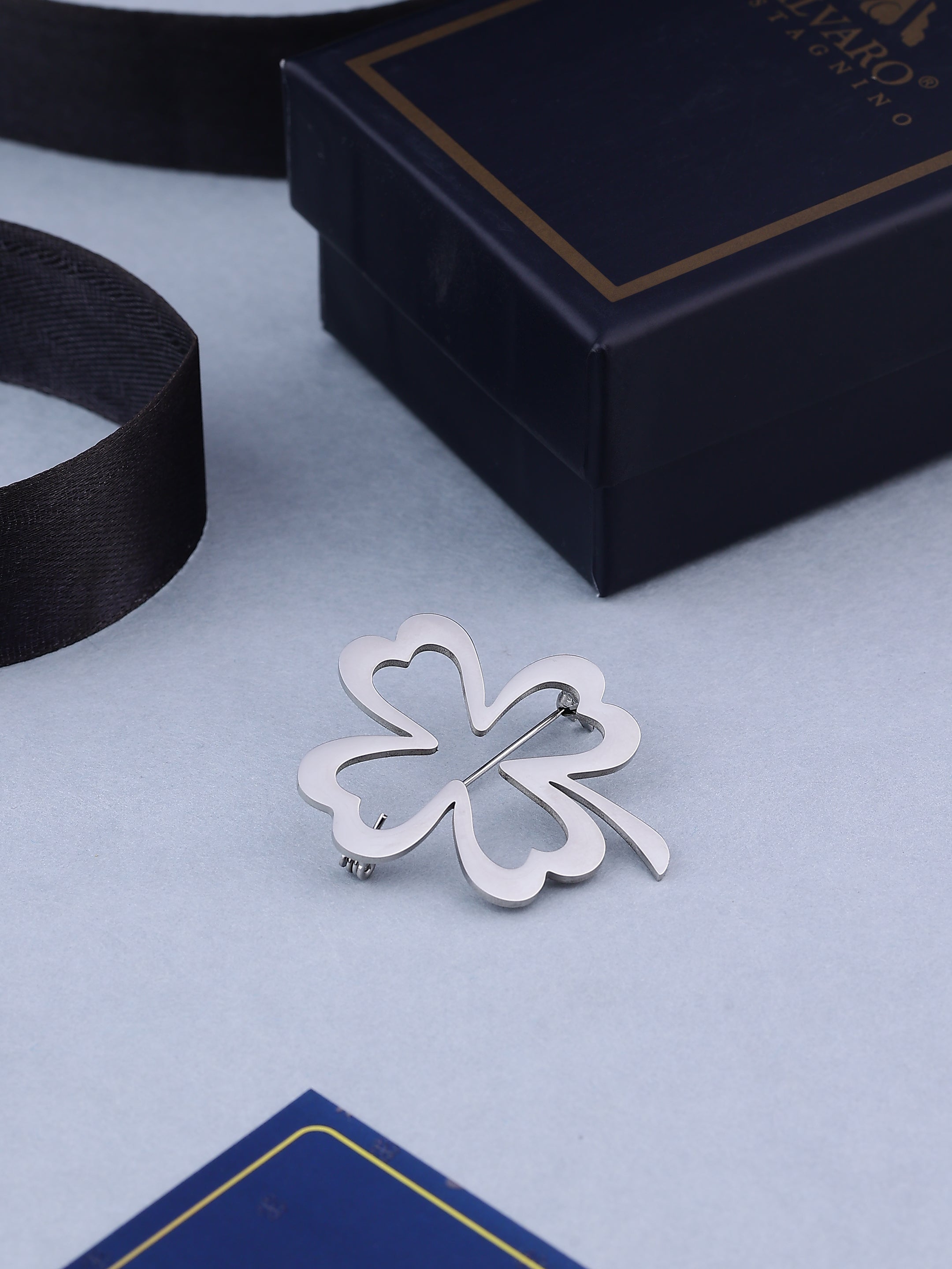 Silver-Toned Four-Leaf Clover Brooch