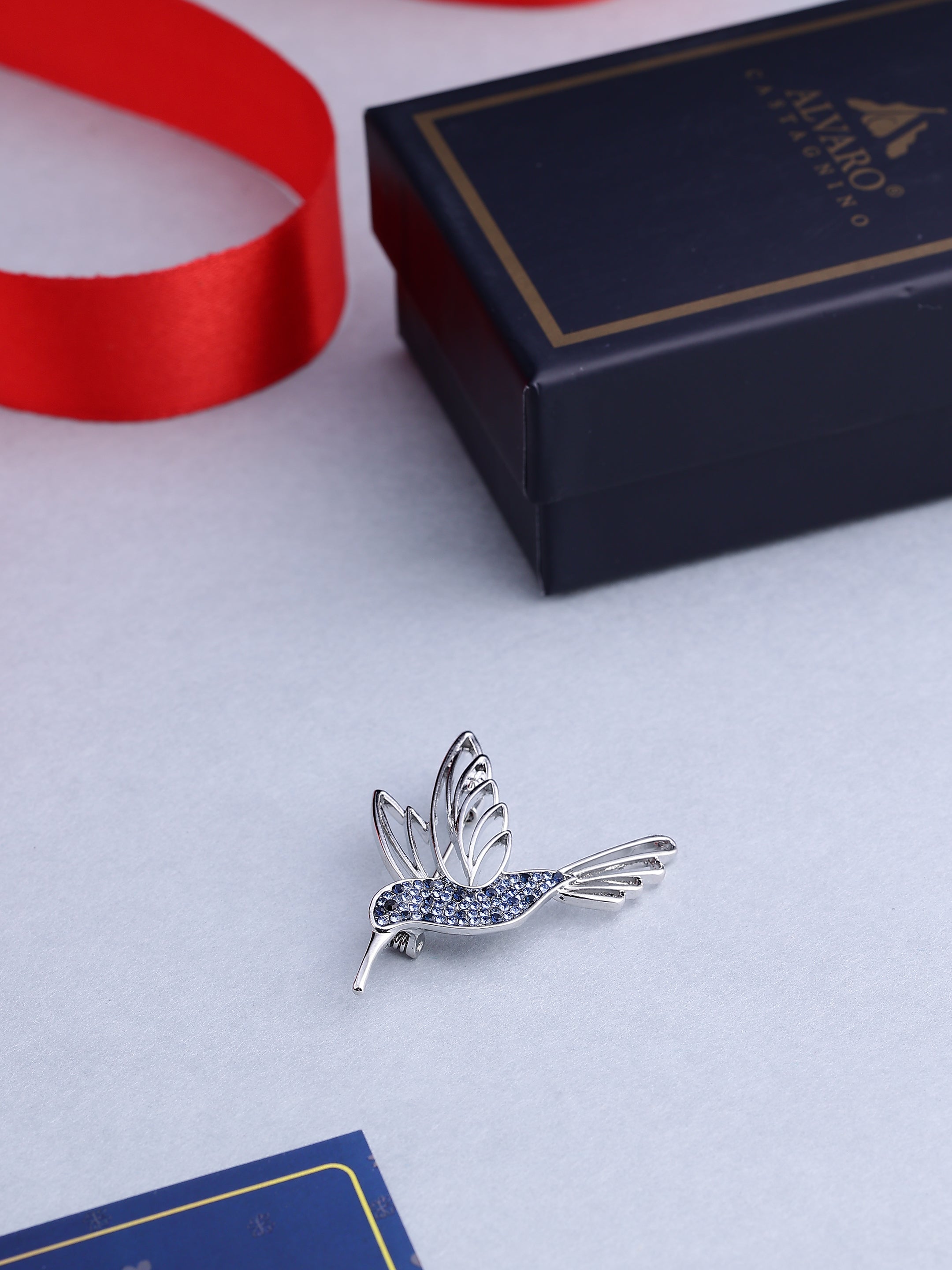 Silver Hummingbird Crystal Brooch