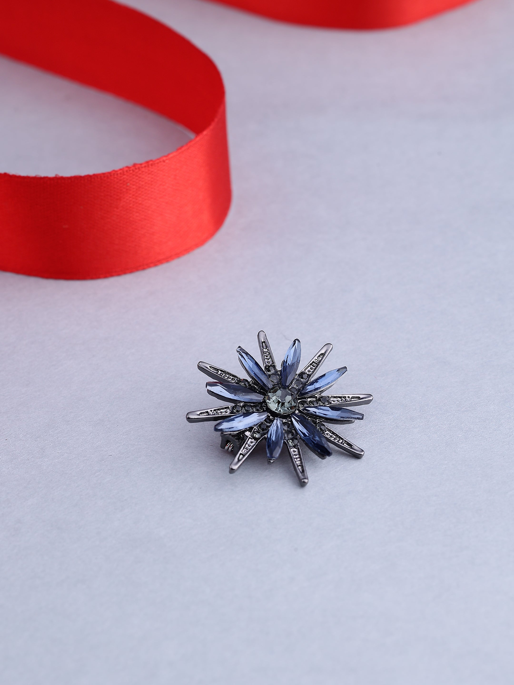 Gunmetal Blue Crystal Starburst Brooch