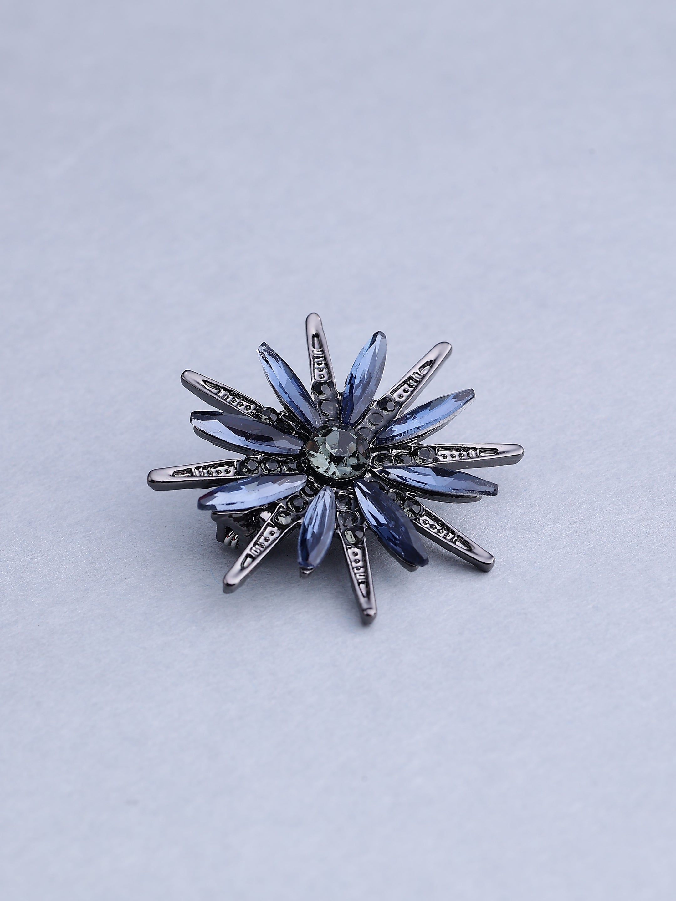 Gunmetal Blue Crystal Starburst Brooch