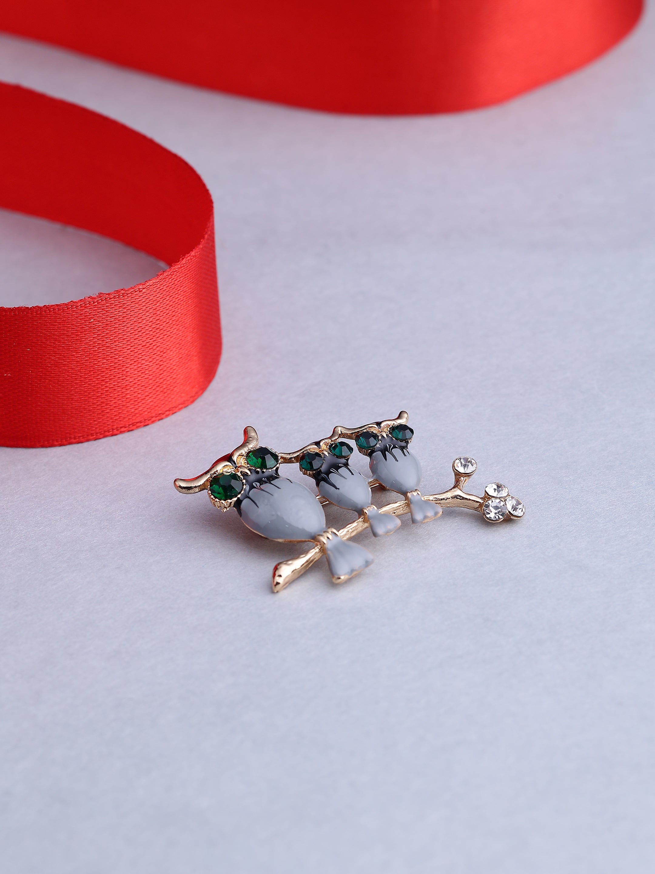 Elegant Three Owls Branch Brooch