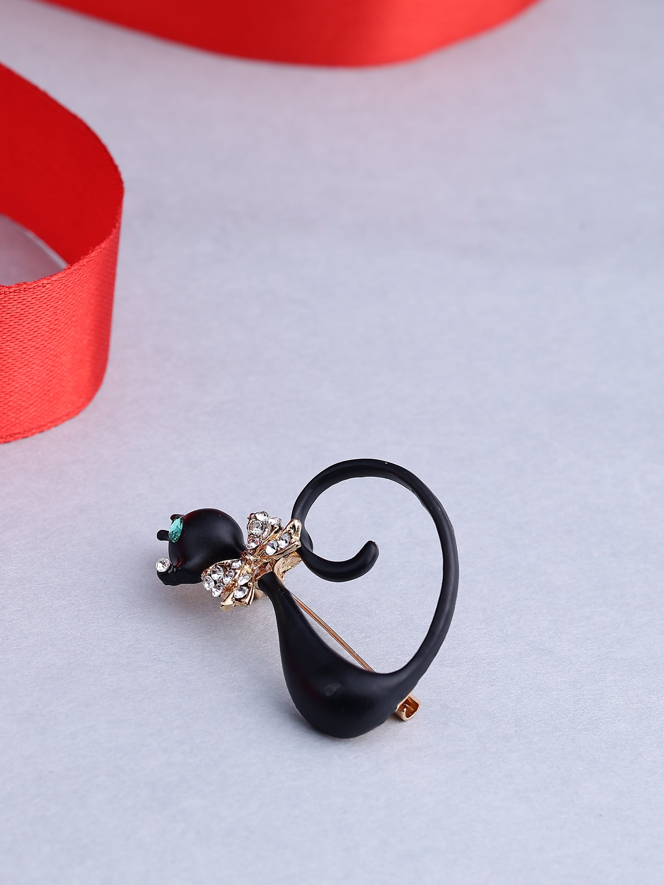 Elegant Black Cat Enamel Brooch