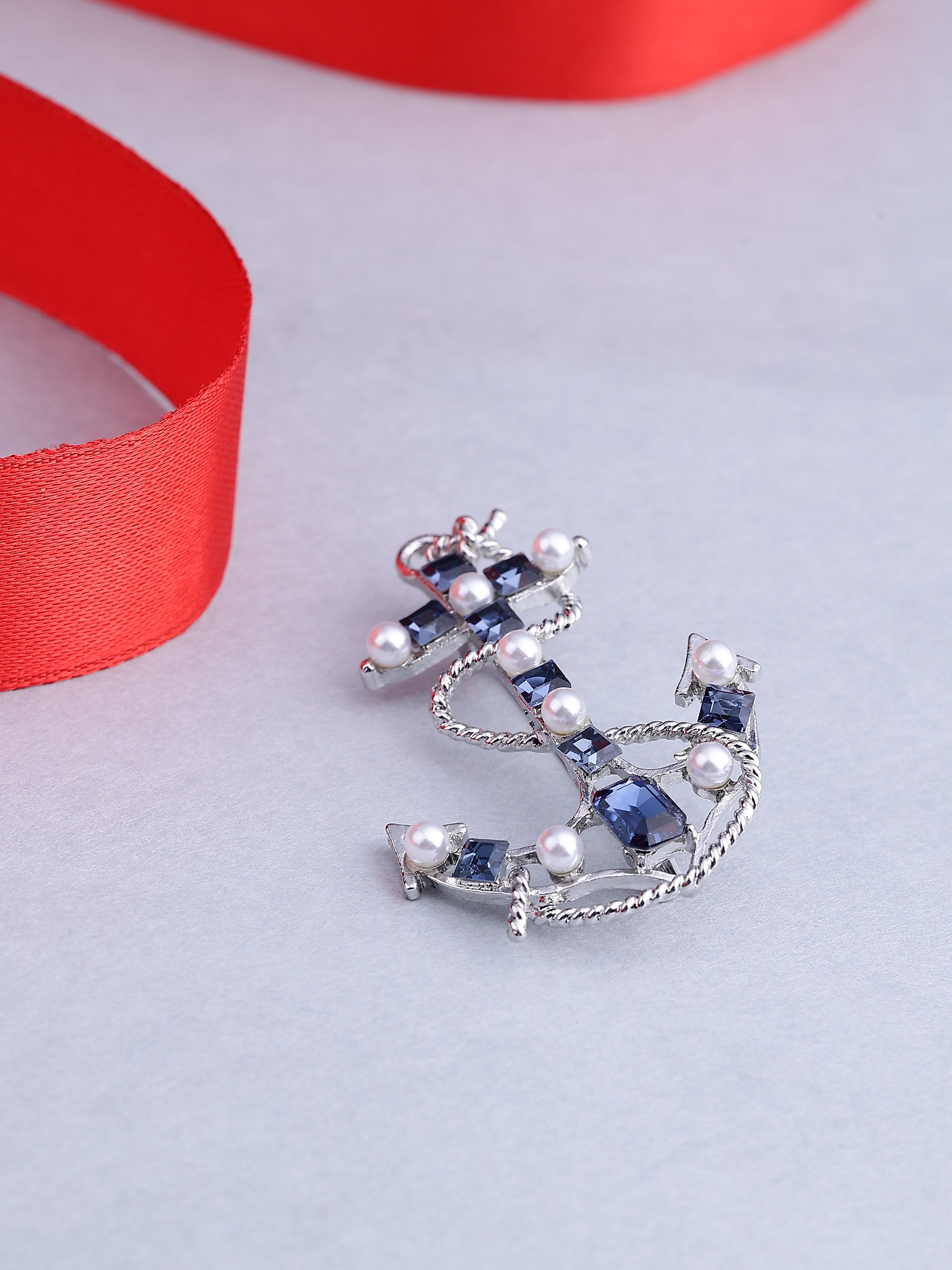 Nautical Crystal Anchor Brooch