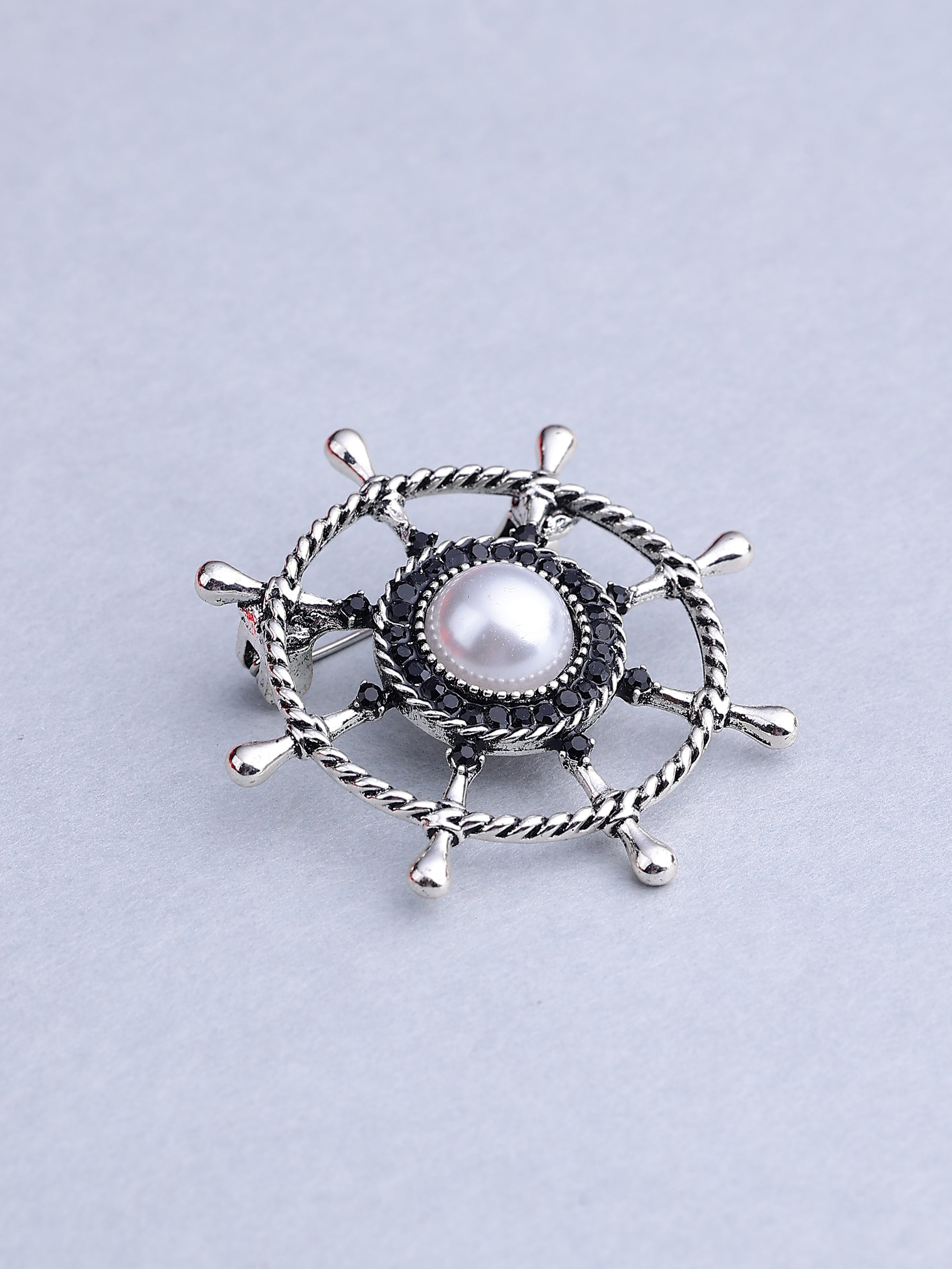 Nautical Crystal Ship Wheel Brooch
