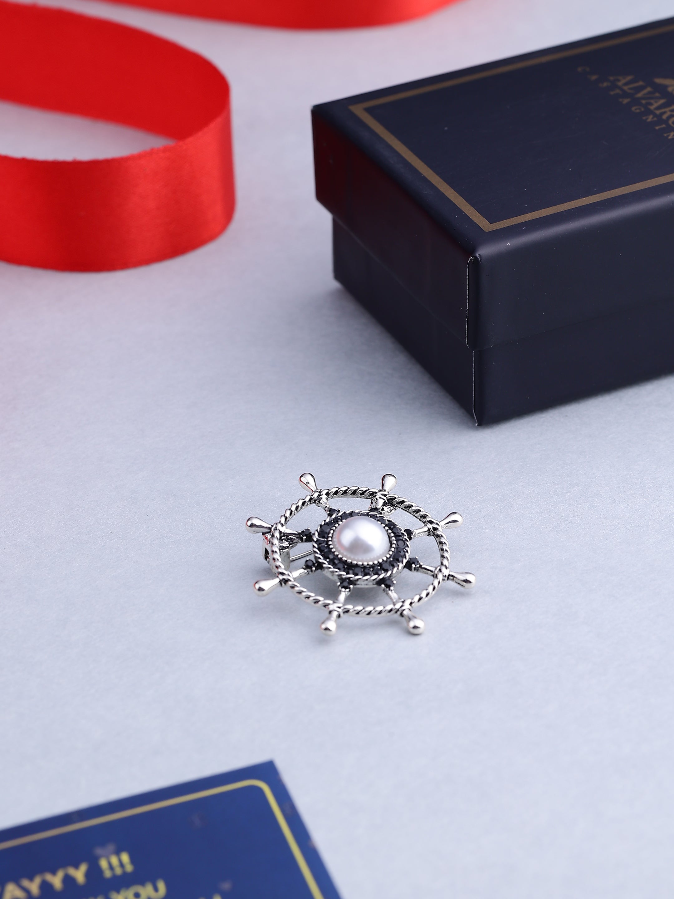 Nautical Crystal Ship Wheel Brooch