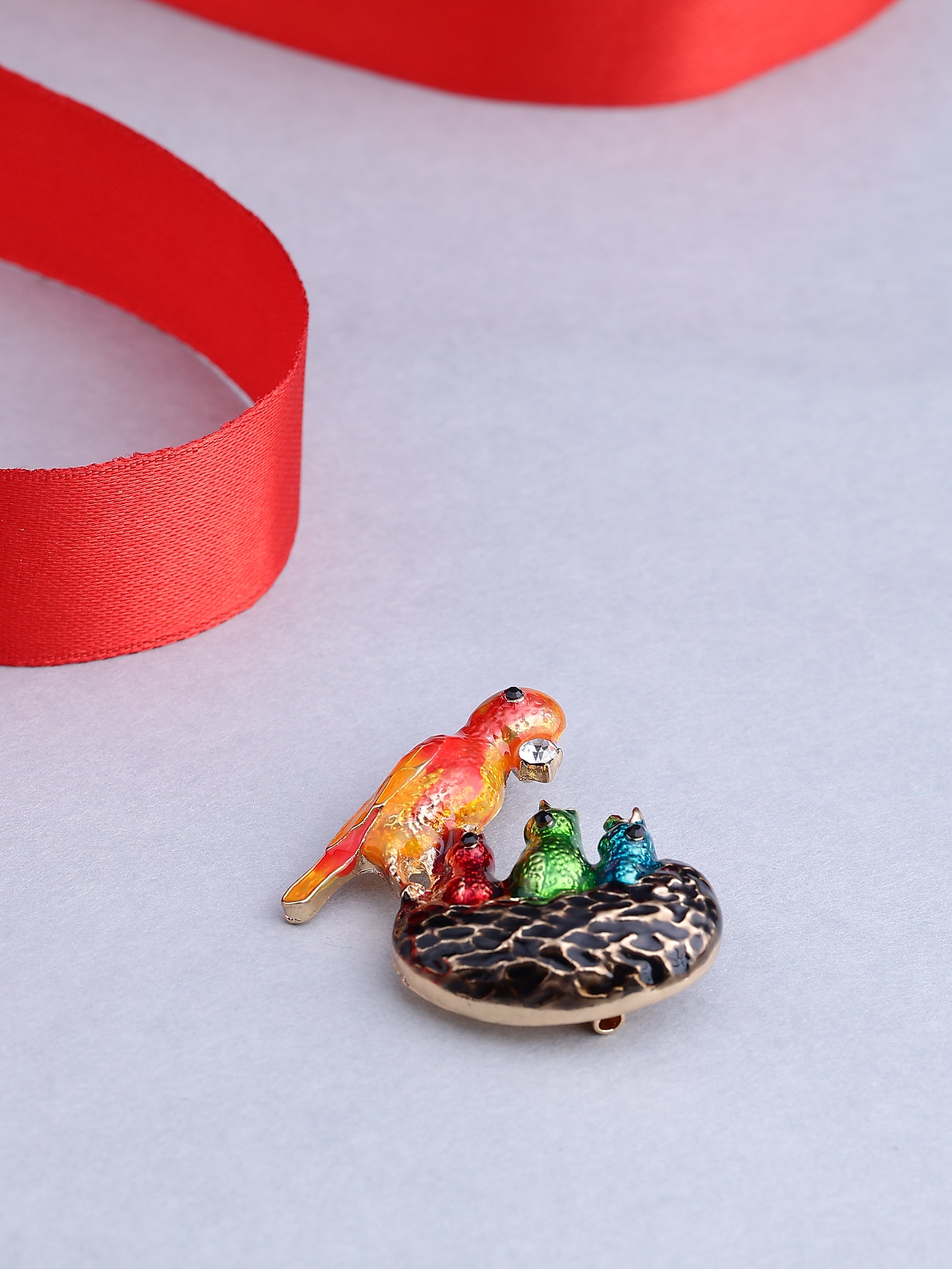 Enamel Bird in Nest Brooch