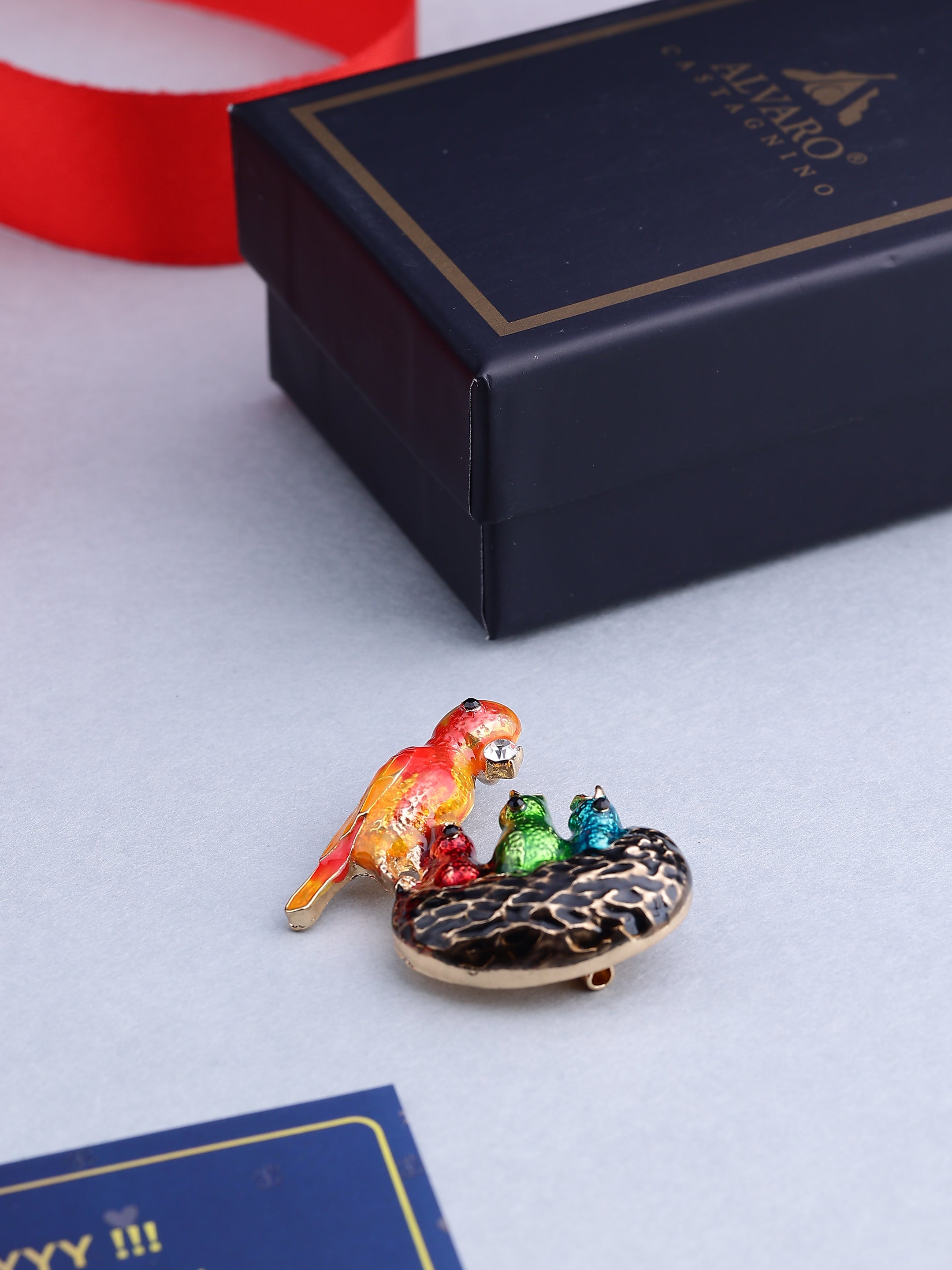 Enamel Bird in Nest Brooch