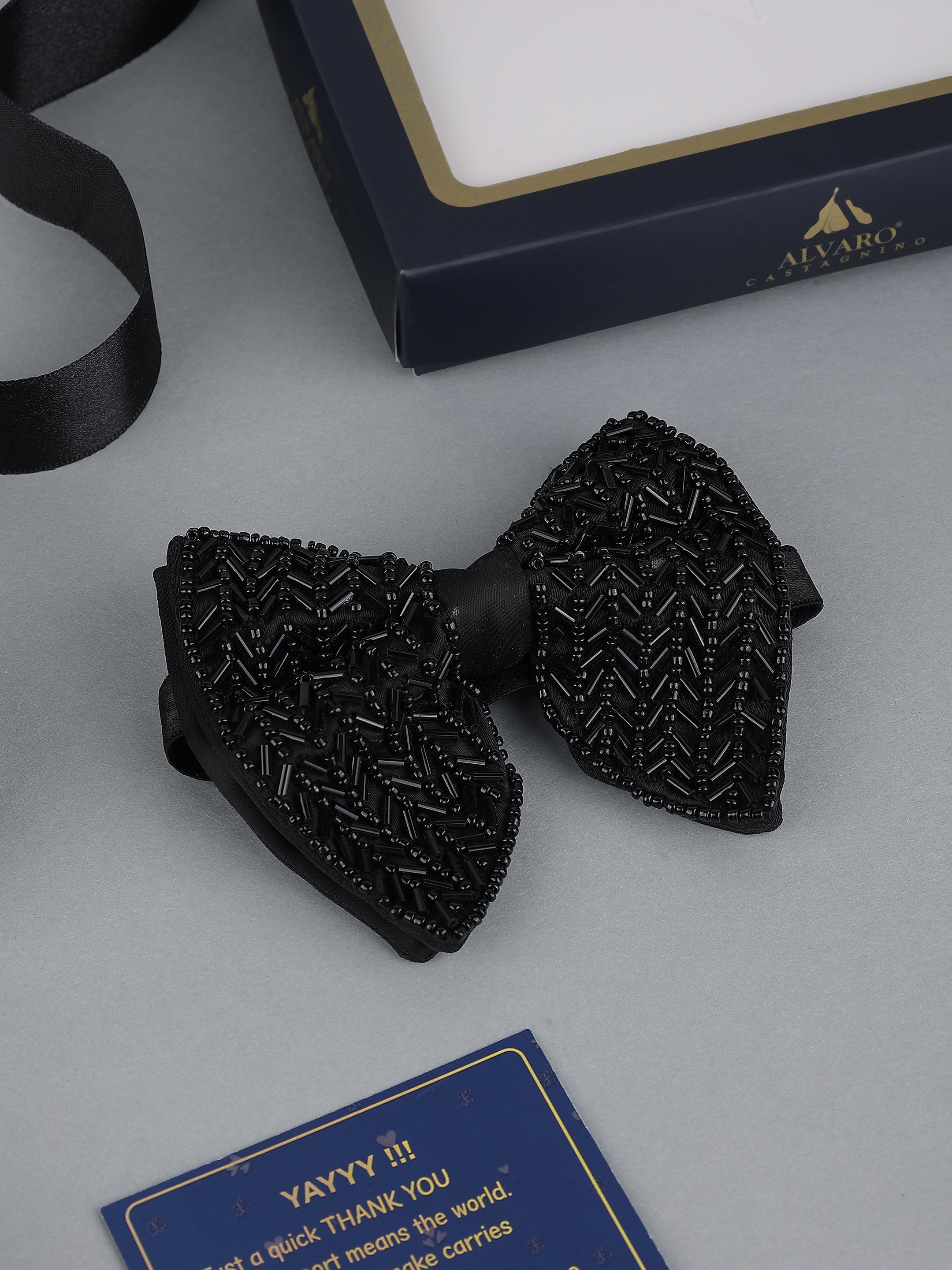 Black Embellished Feather Bow Tie