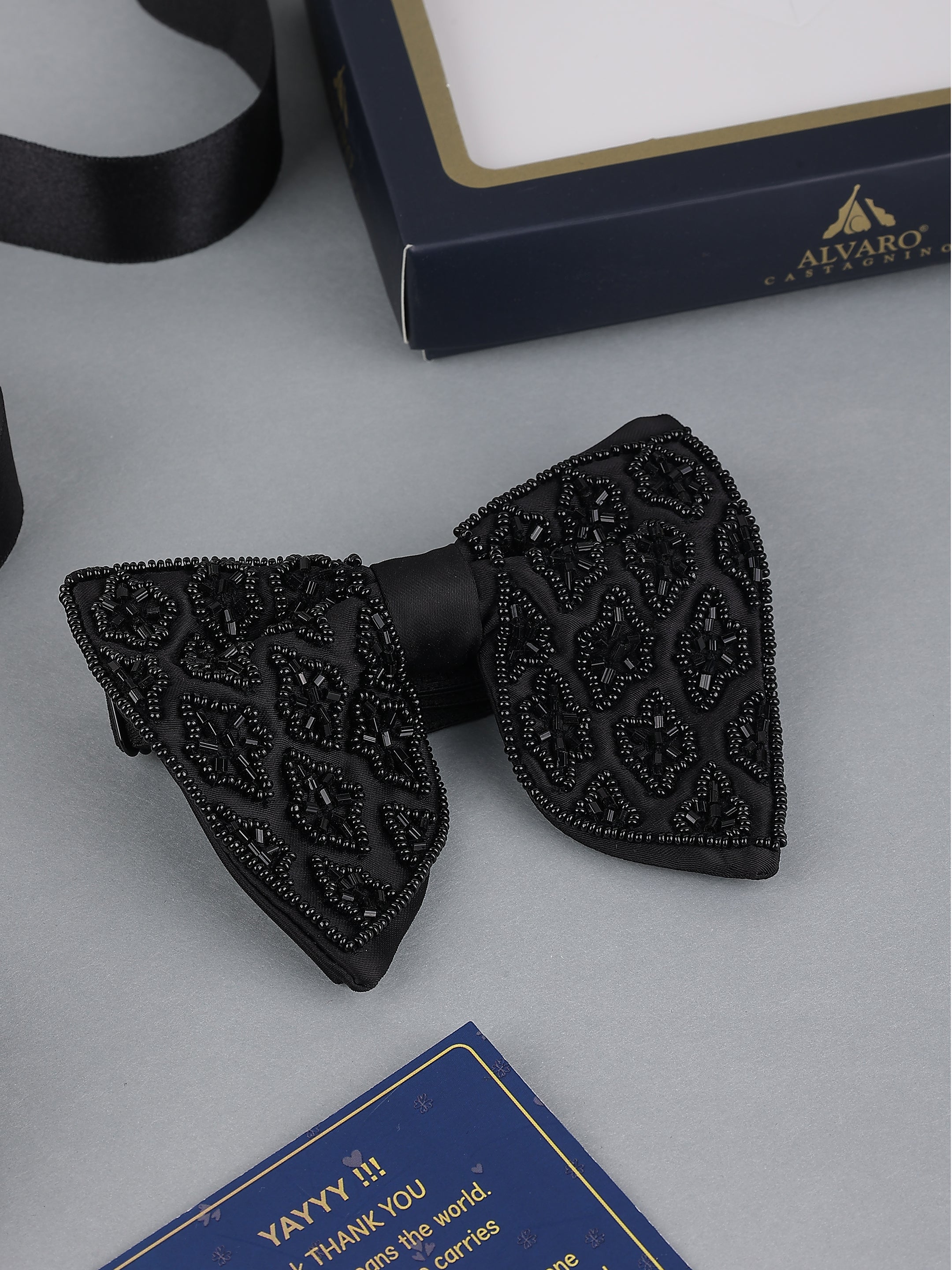 Black Embellished Floral Bow Tie