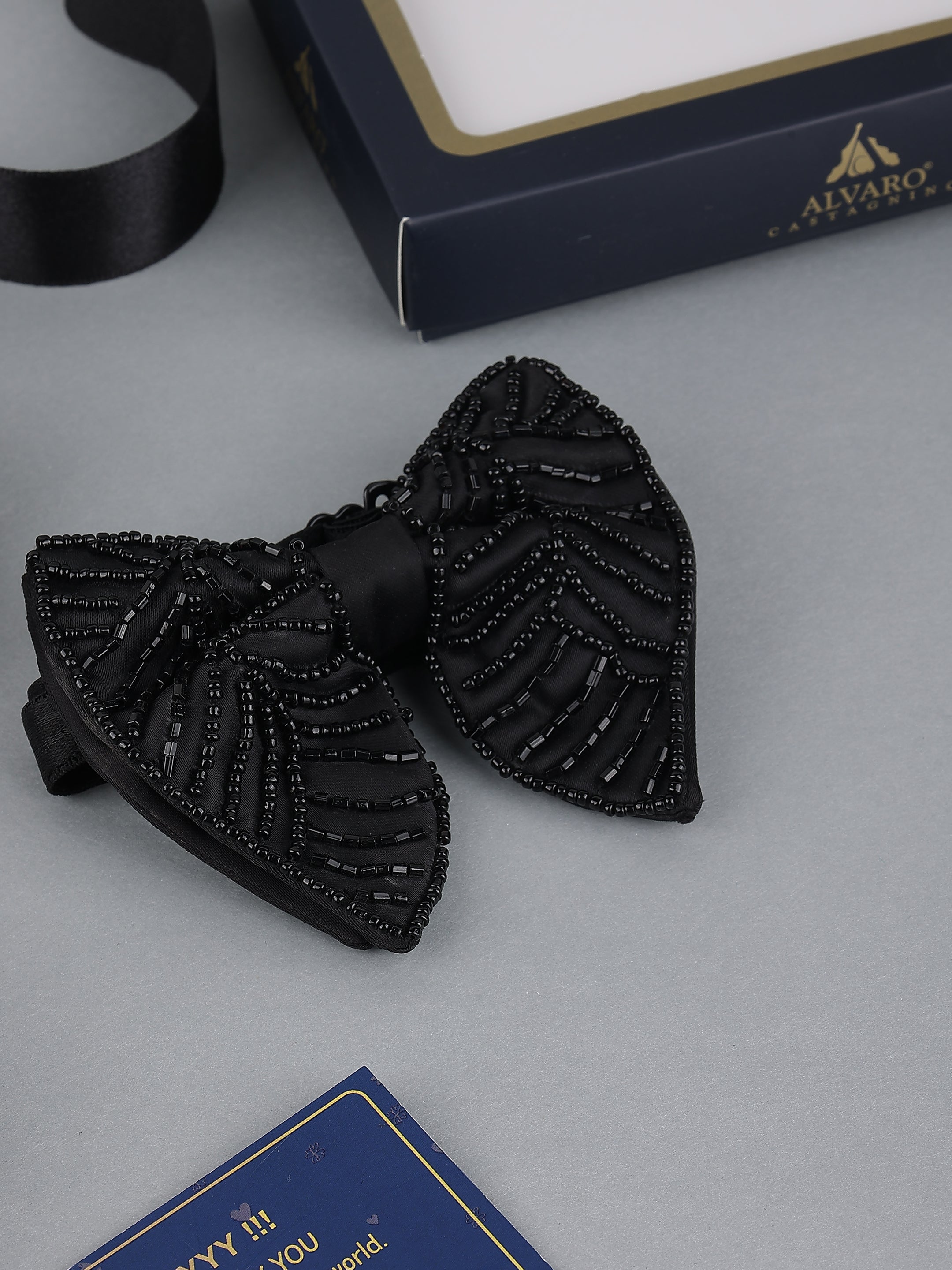 Black Embellished Leaf Bow Tie