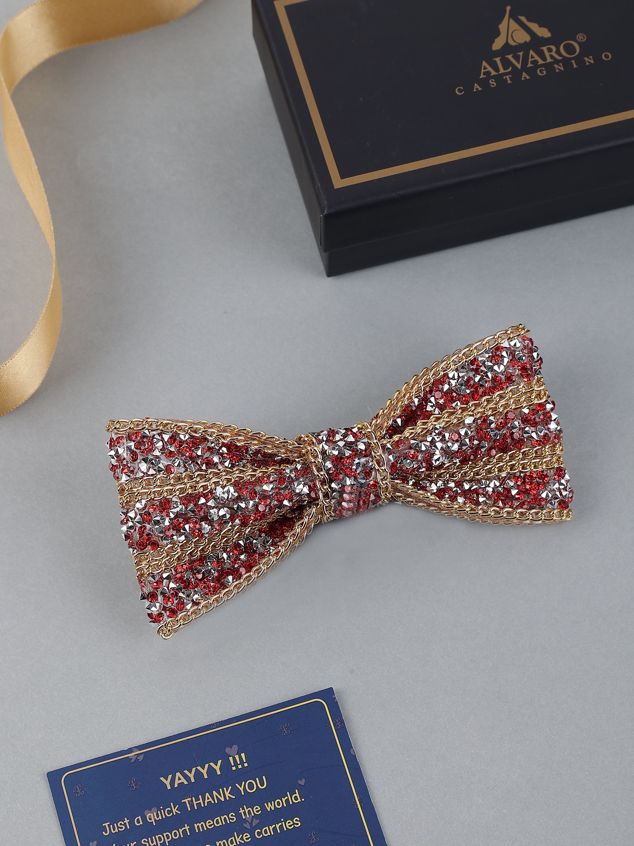 Red and Silver Crystal-Embellished Bow Tie