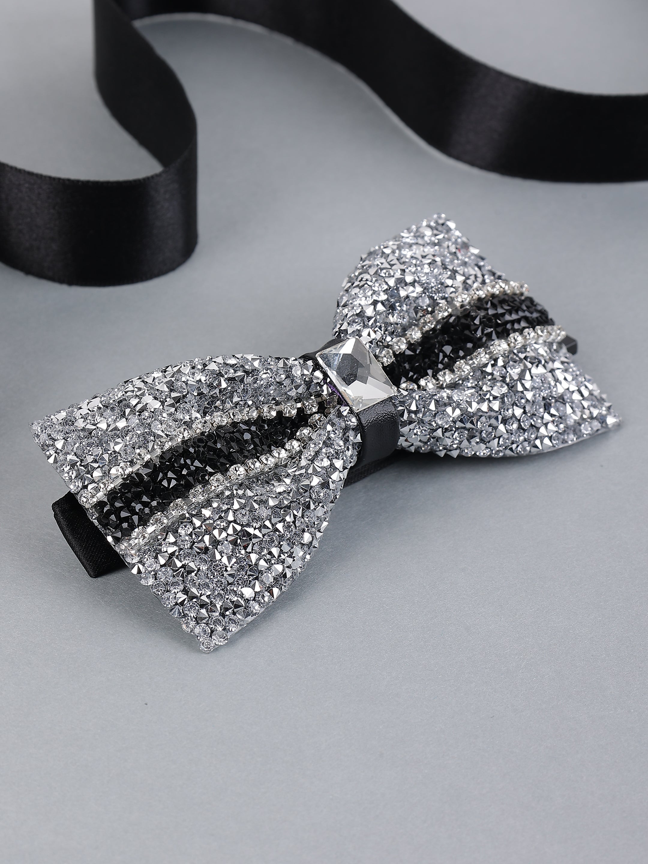 Silver & Noir Striped Pavé Bow Tie