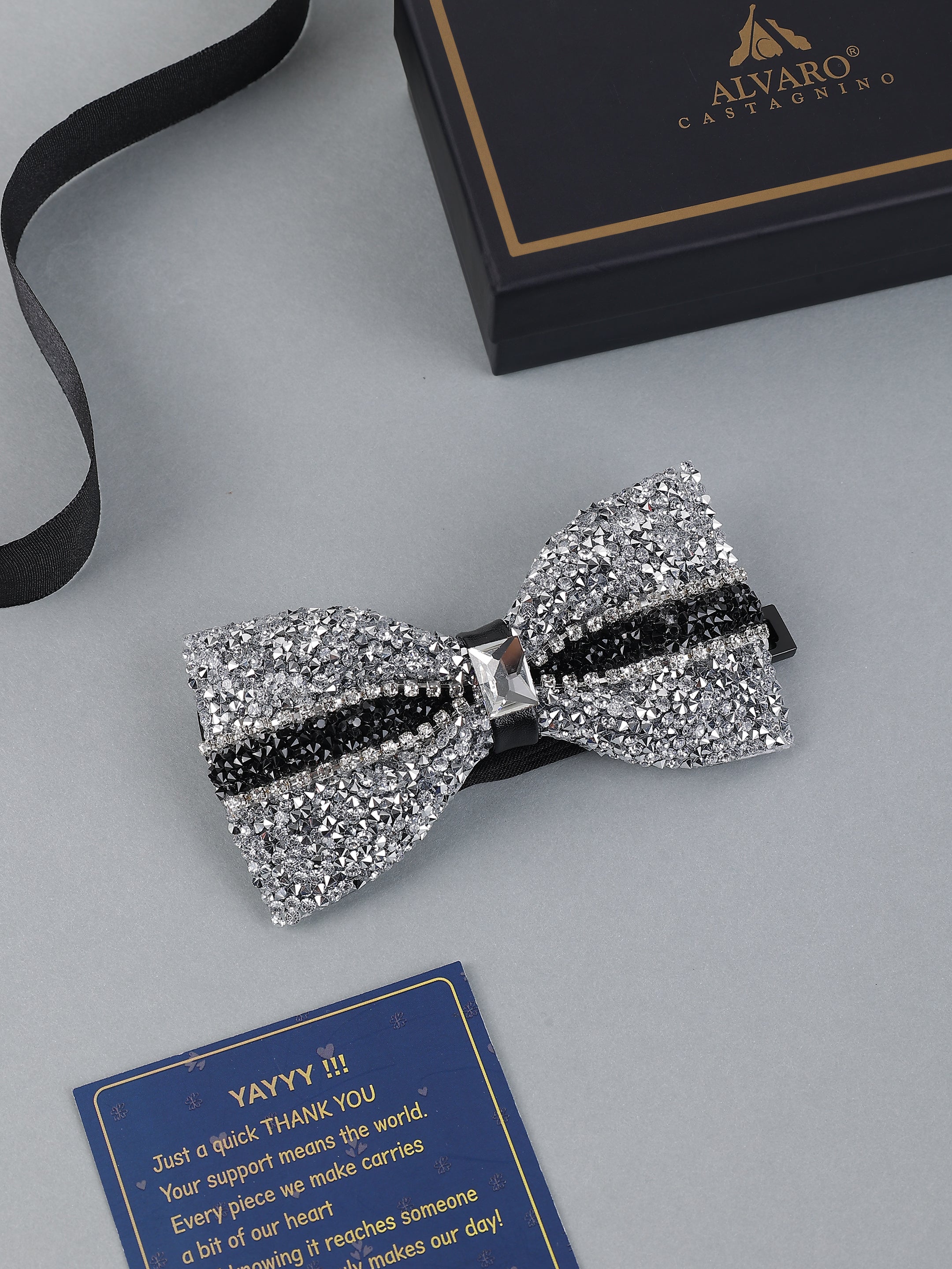 Silver & Noir Striped Pavé Bow Tie