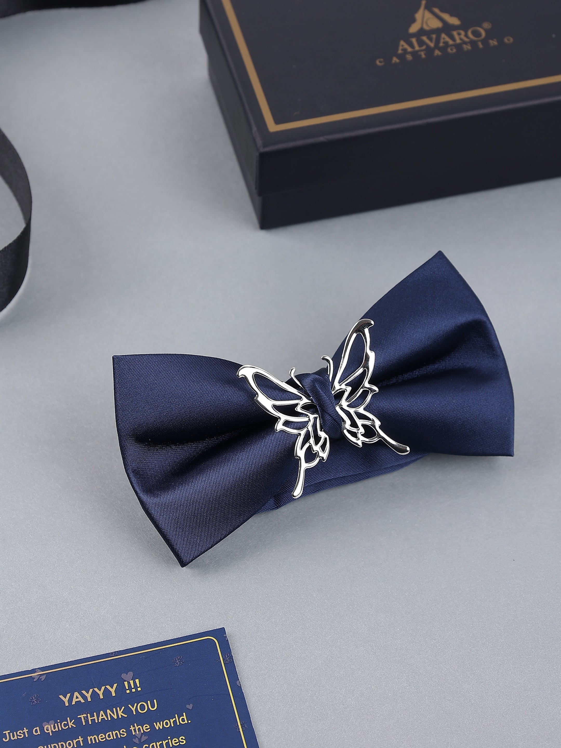 Navy Blue Butterfly Silver Bow Tie