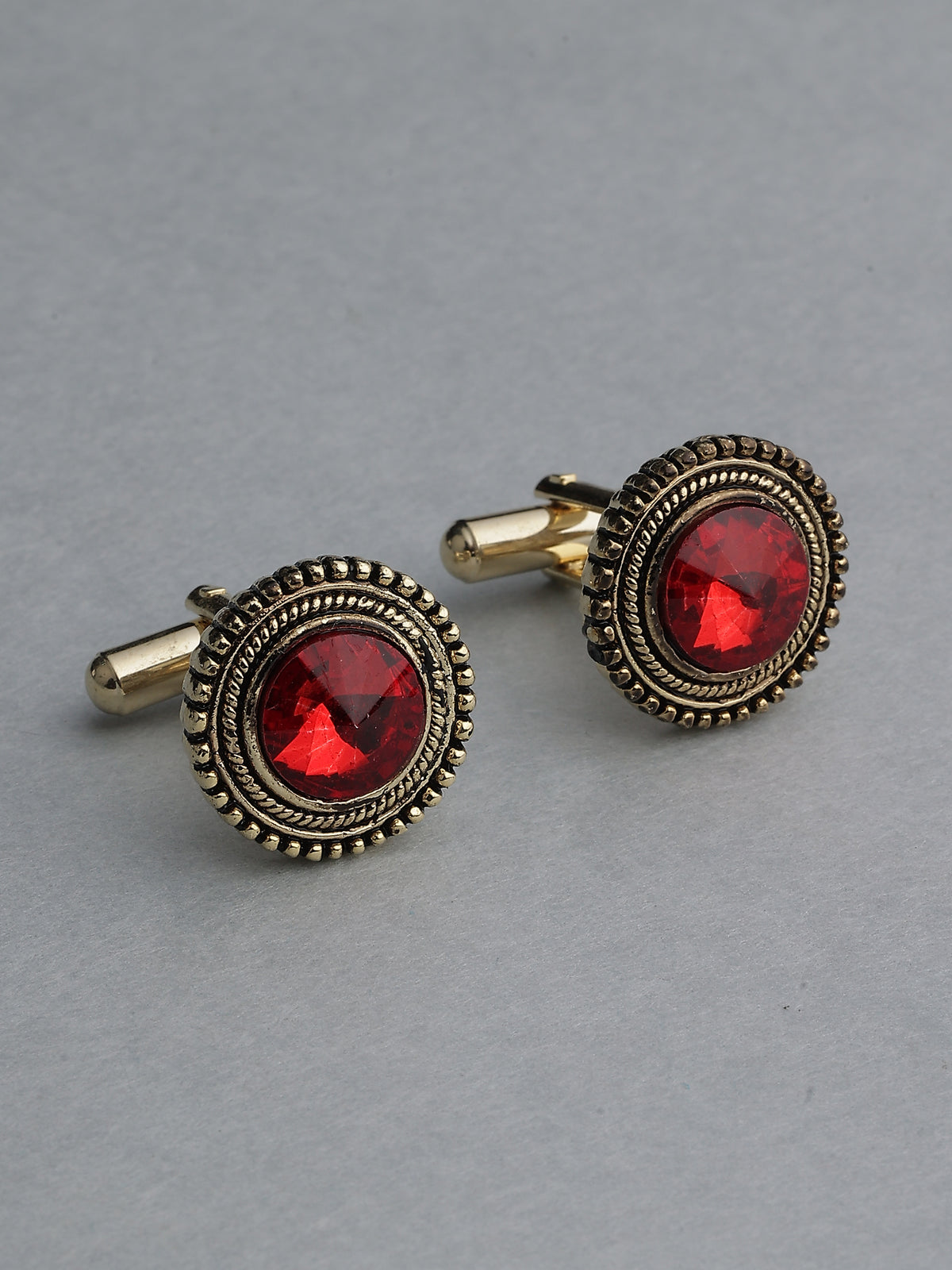 Antique Gold & Crimson Ruby Beaded Round Cufflinks