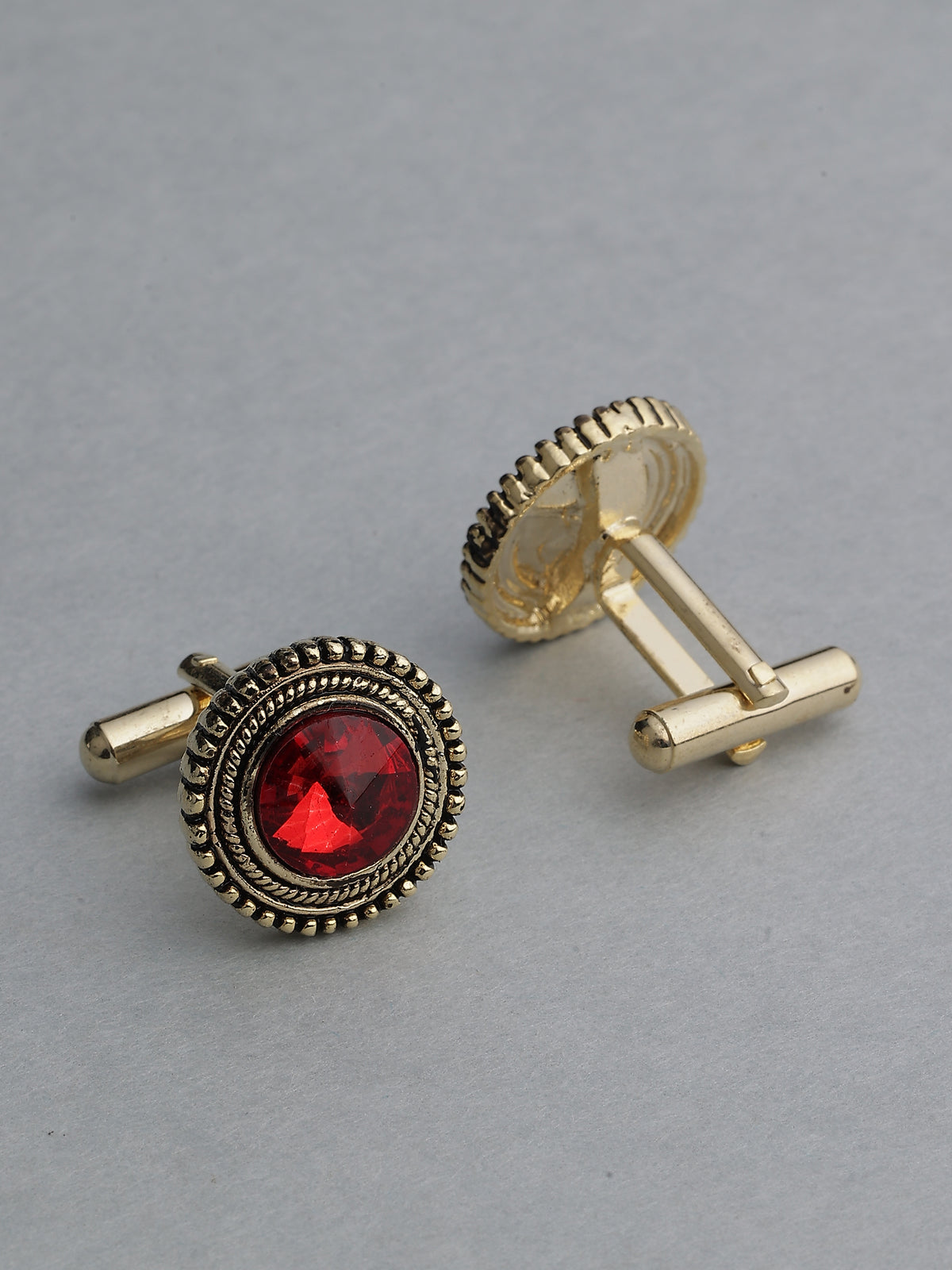 Antique Gold & Crimson Ruby Beaded Round Cufflinks