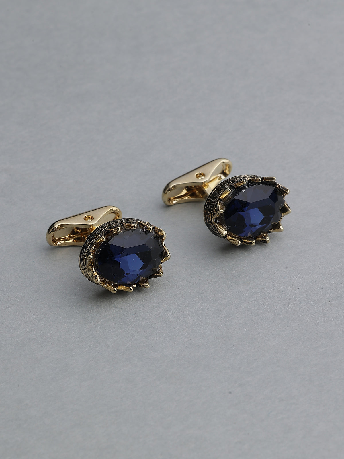 Gold-Tone Oval Sapphire Blue Crown-Set Cufflinks