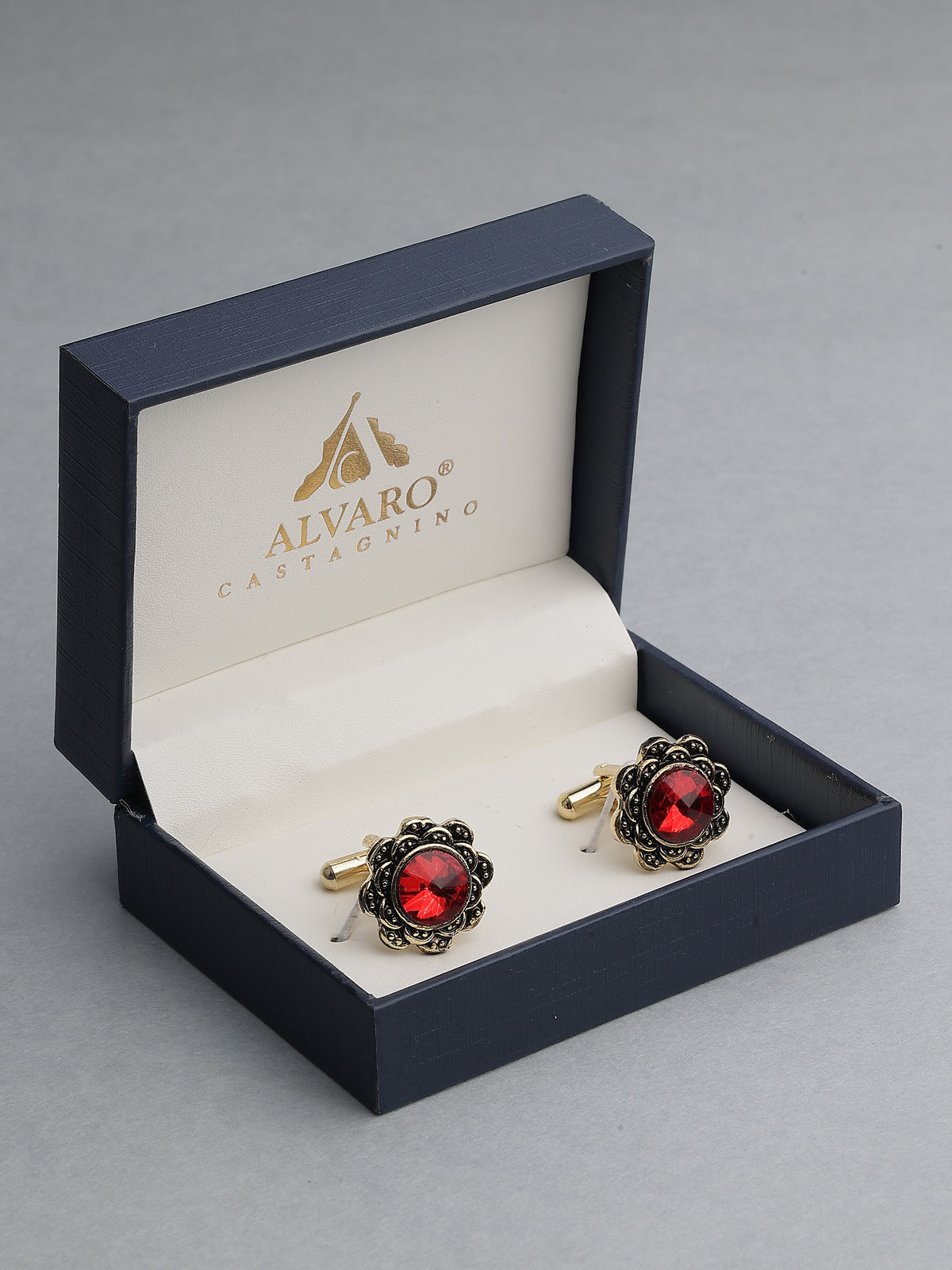 Antique Gold Floral Ruby Red Gemstone Cufflinks