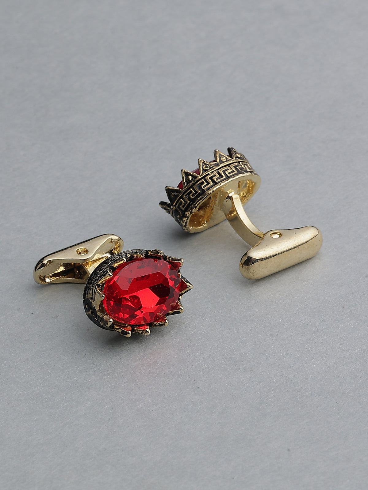 Gold-Tone Oval Crimson Ruby Crown-Set Cufflinks
