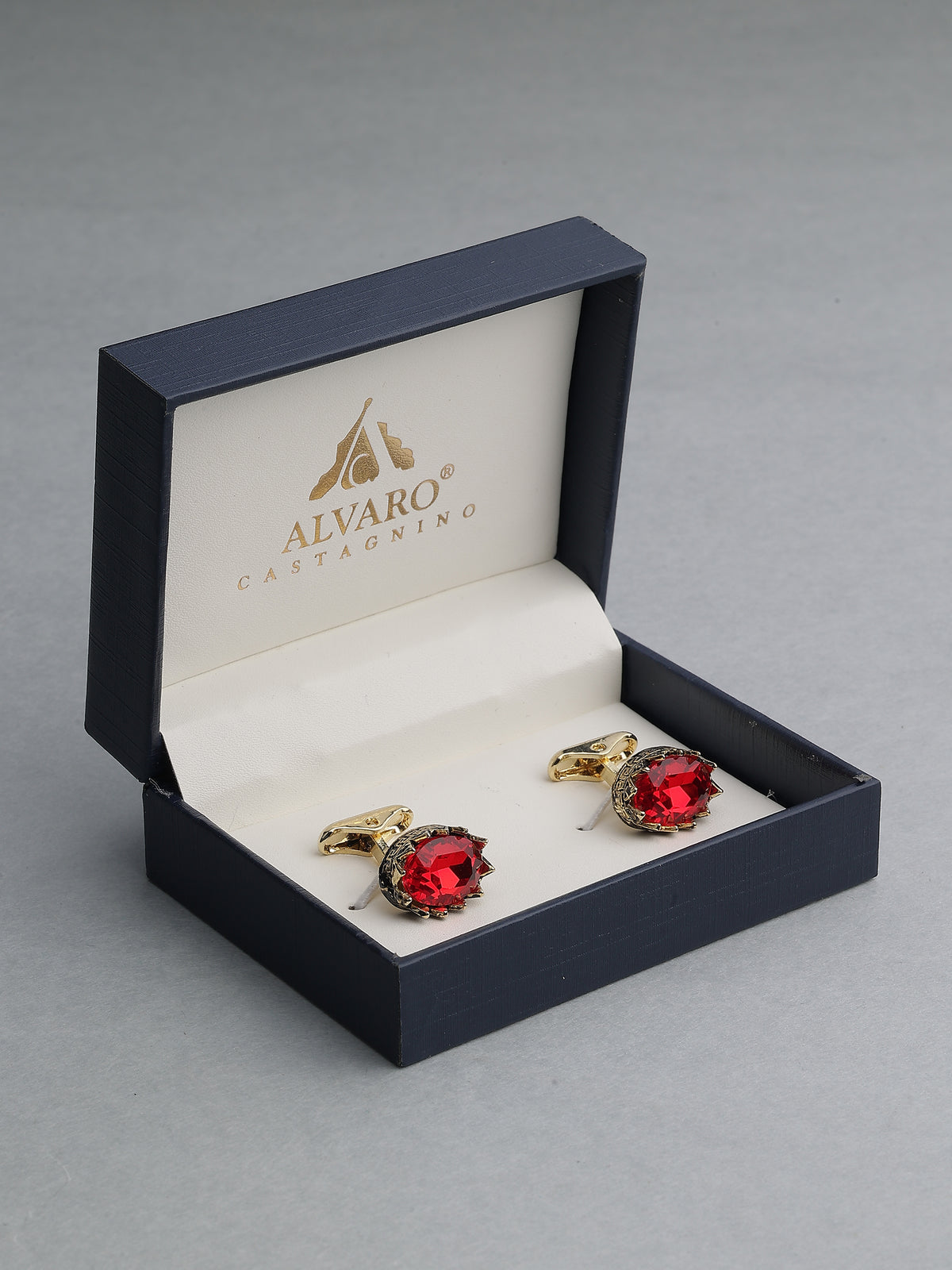 Gold-Tone Oval Crimson Ruby Crown-Set Cufflinks