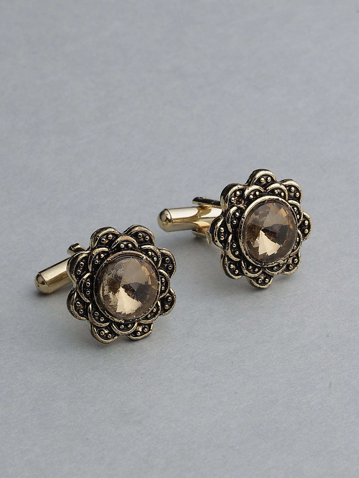 Antique Gold Floral Smoky Topaz Gemstone Cufflinks
