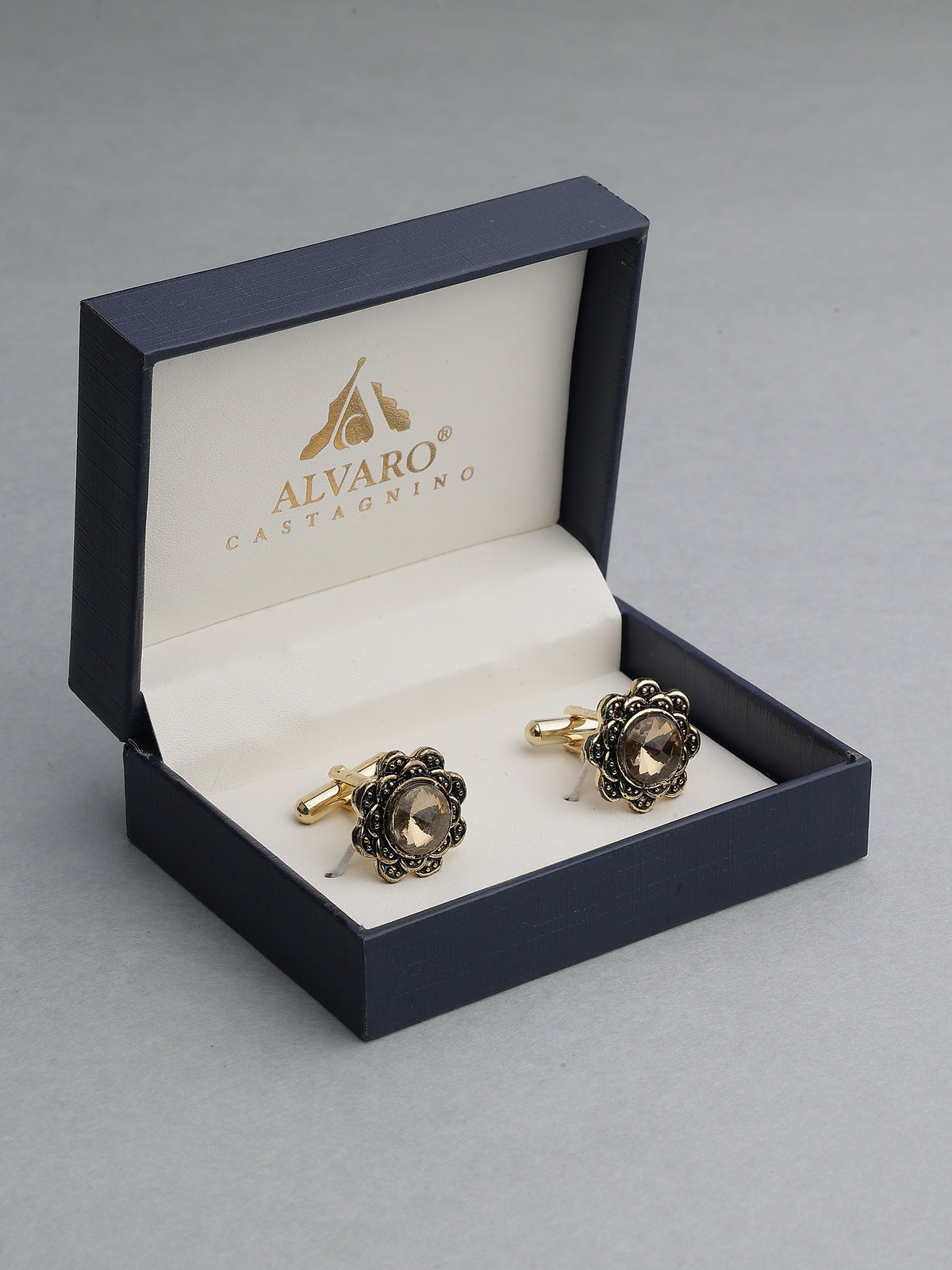 Antique Gold Floral Smoky Topaz Gemstone Cufflinks