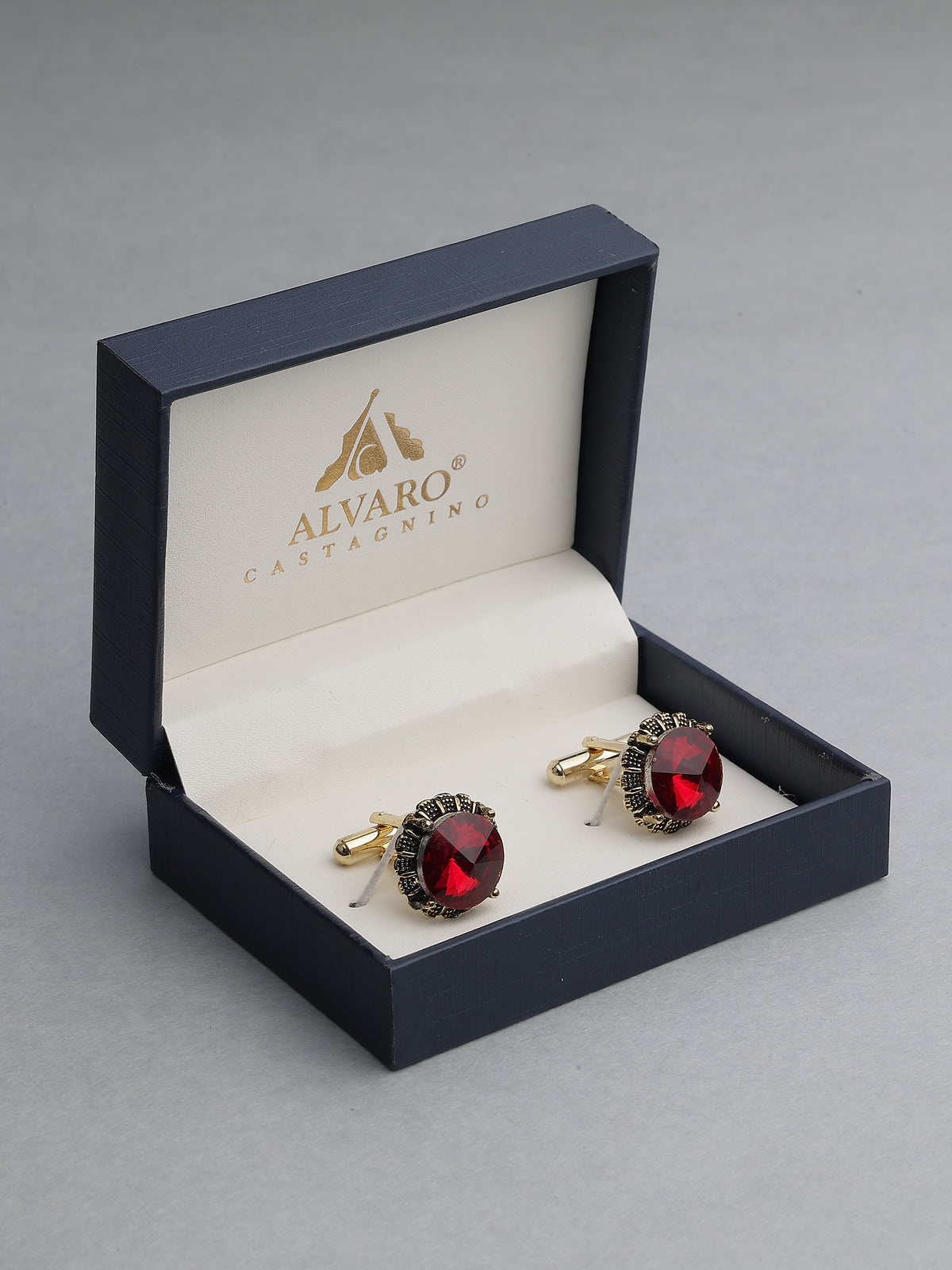 Antique Gold Crimson Ruby Crown-Set Round Cufflinks