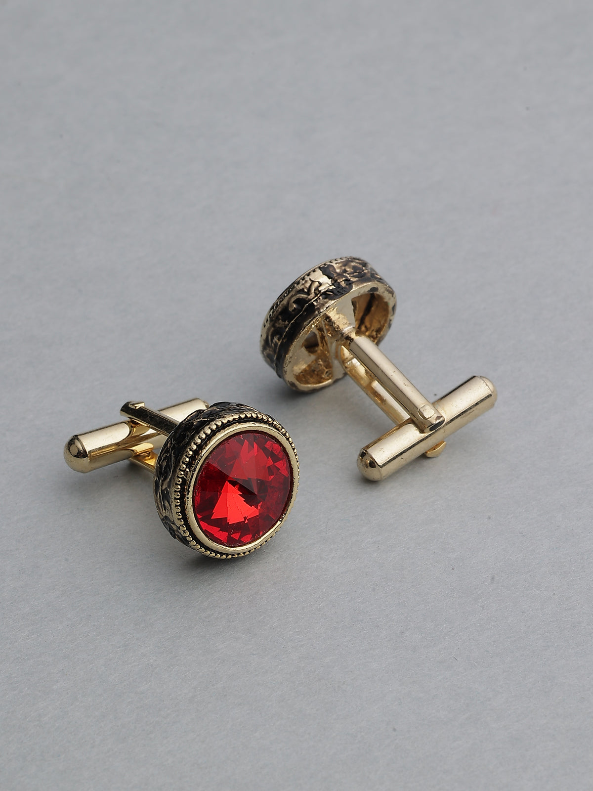 Antique Gold & Crimson Ruby Beaded Round Cufflinks