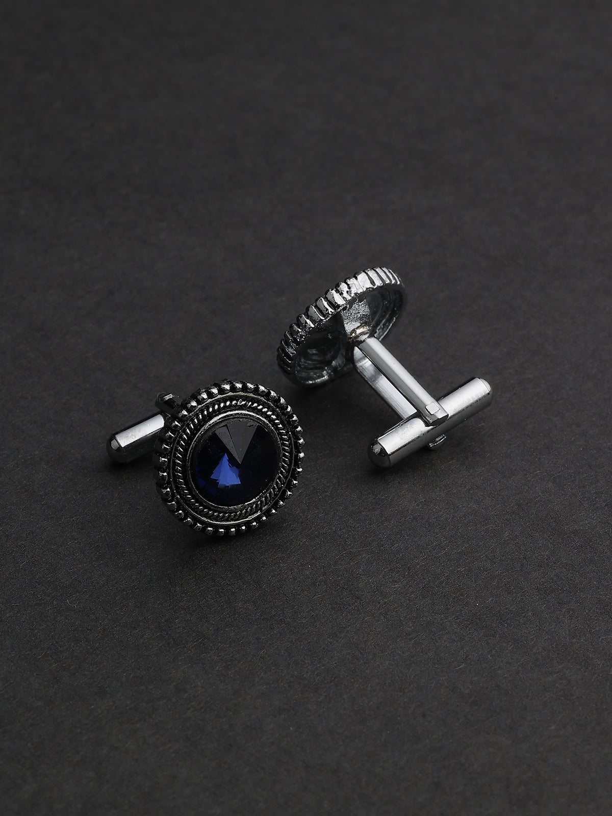Antique Silver & Sapphire Blue Beaded Round Cufflinks