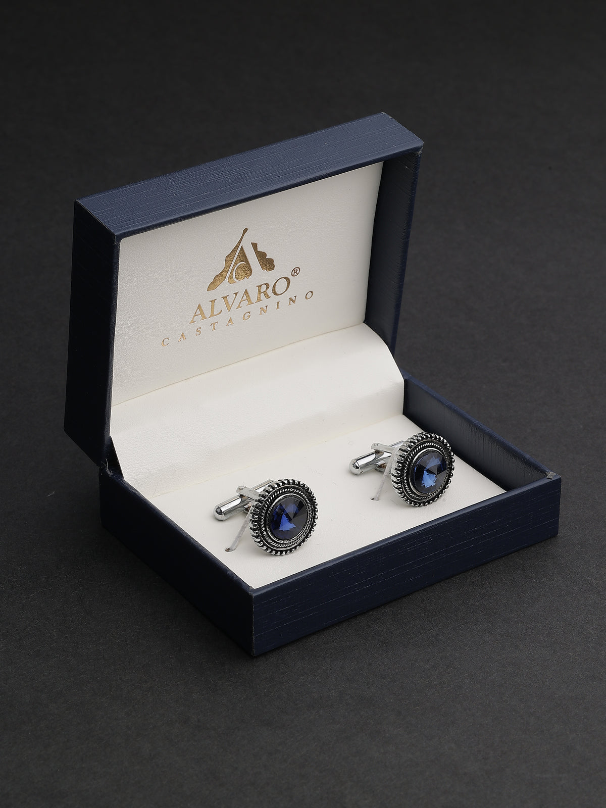 Antique Silver & Sapphire Blue Beaded Round Cufflinks