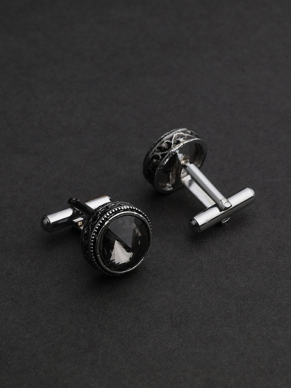 Antique Silver & Charcoal Crystal Beaded Round Cufflinks