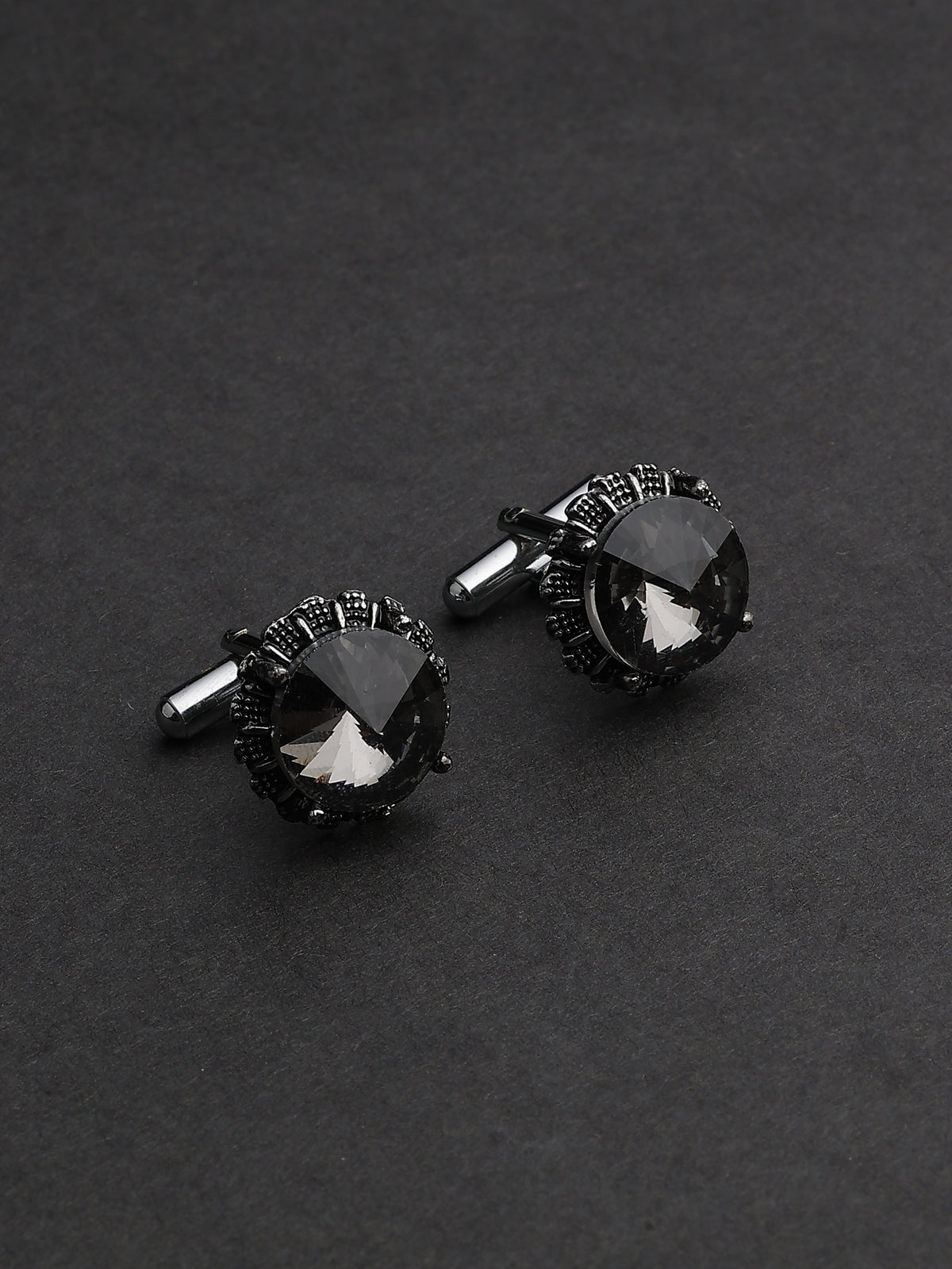 Antique Silver Charcoal Crystal Crown-Set Cufflinks