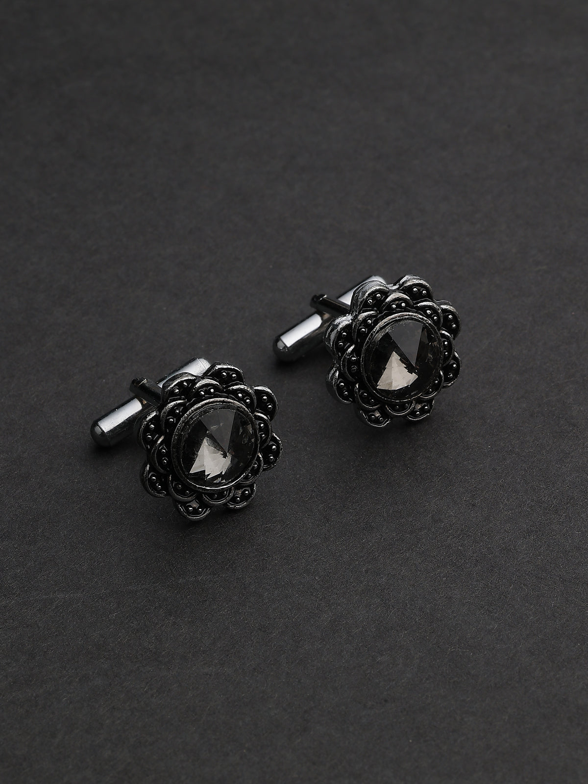 Antique Silver Floral Charcoal Crystal Cufflinks
