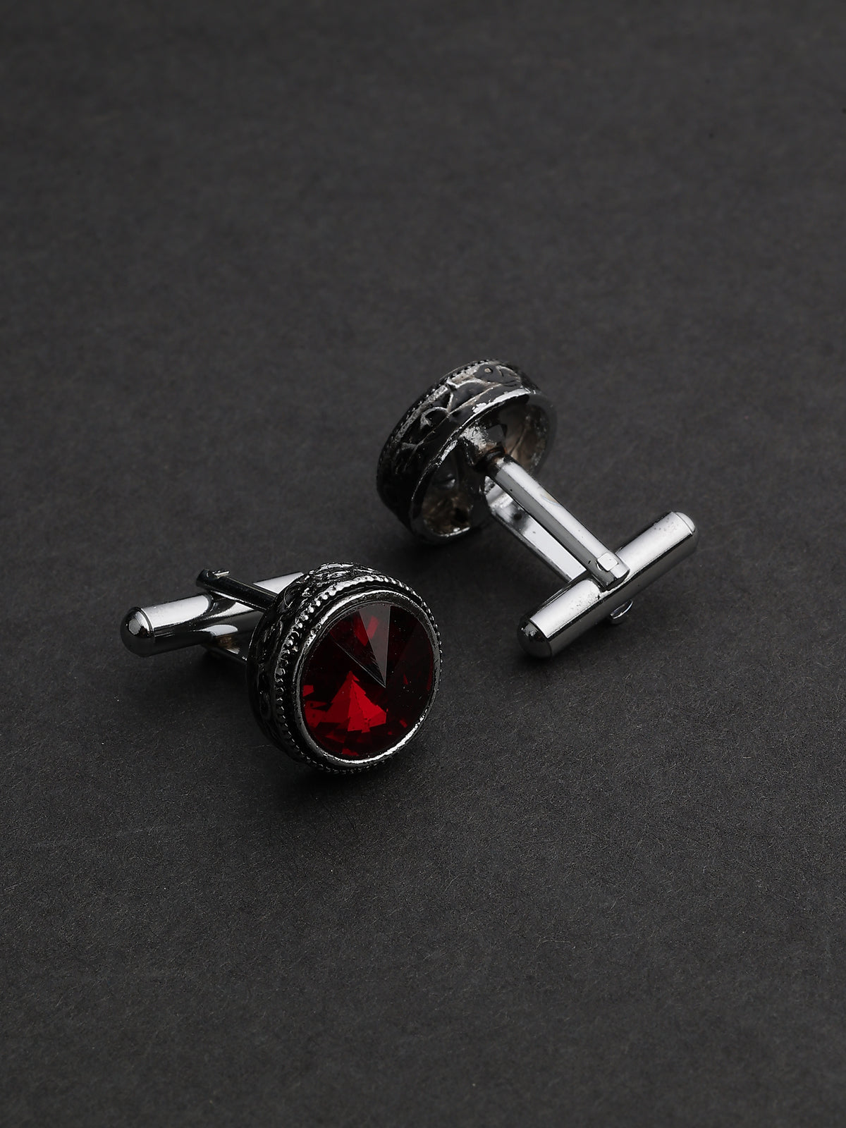 Antique Silver & Crimson Ruby Beaded Round Cufflinks