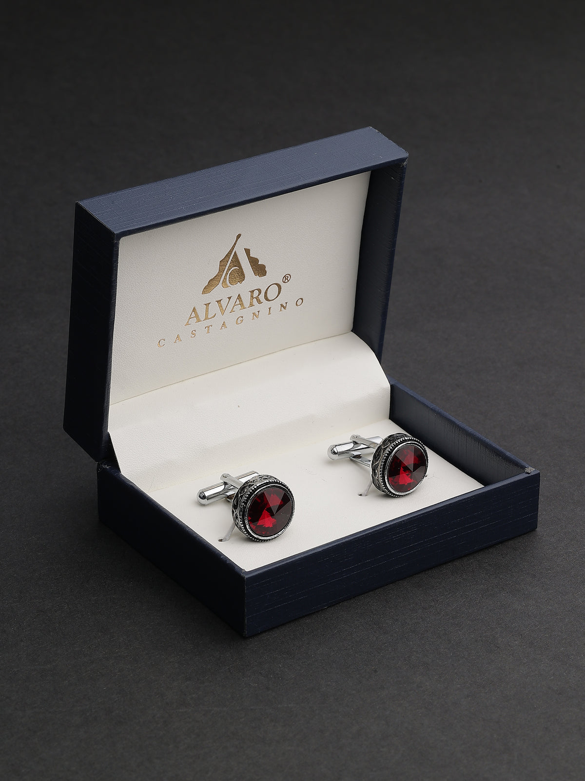 Antique Silver & Crimson Ruby Beaded Round Cufflinks