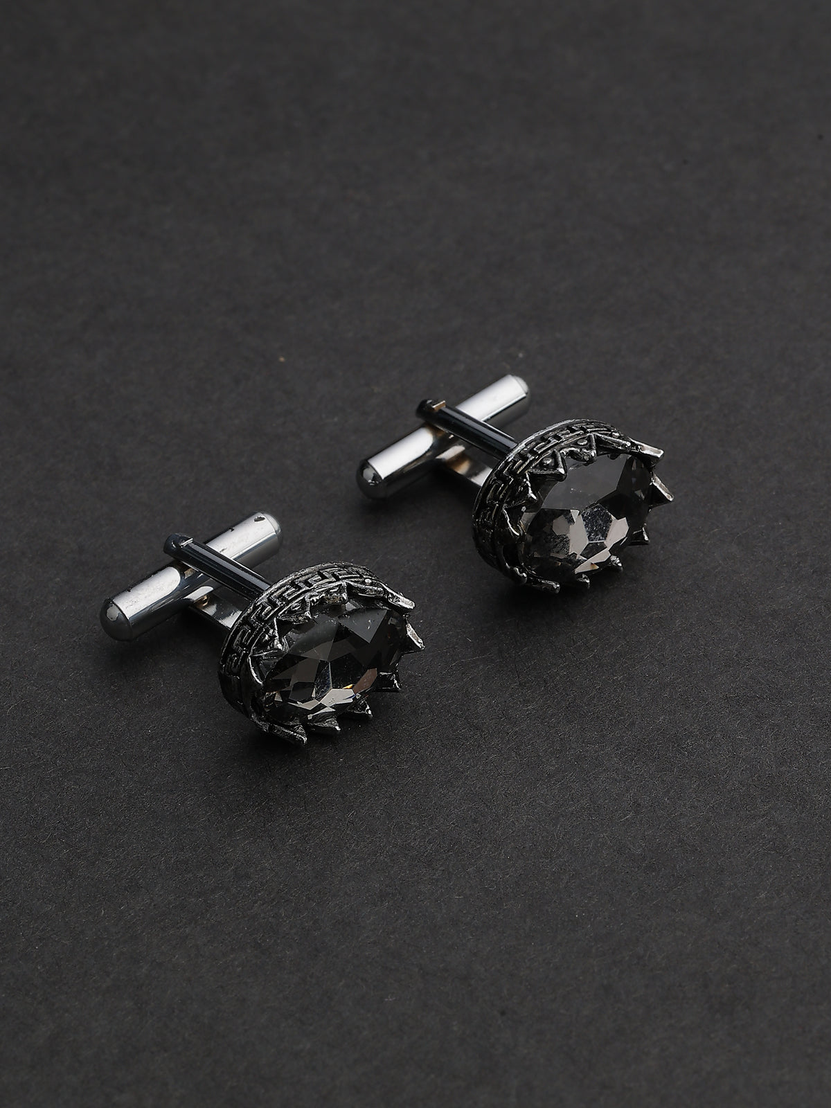 Antique Silver Charcoal Crystal Greek Key Crown Cufflinks