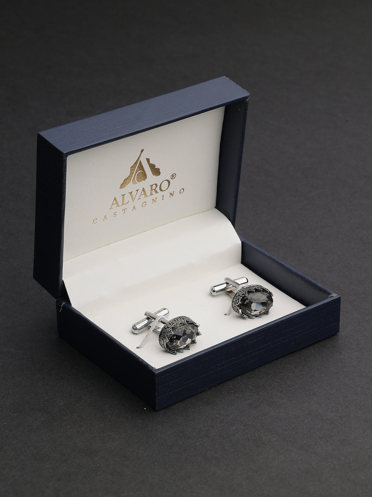 Antique Silver Charcoal Crystal Greek Key Crown Cufflinks