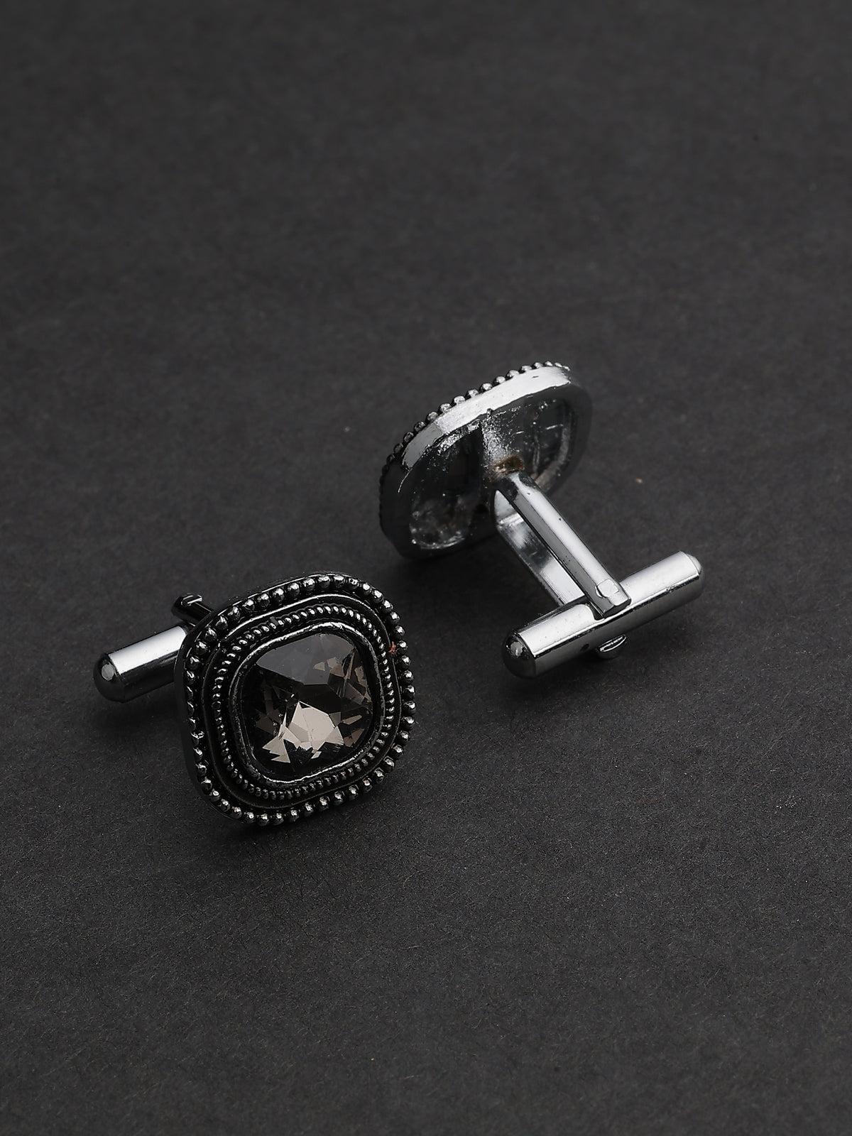 Antique Silver & Charcoal Crystal Beaded Cushion Cufflinks
